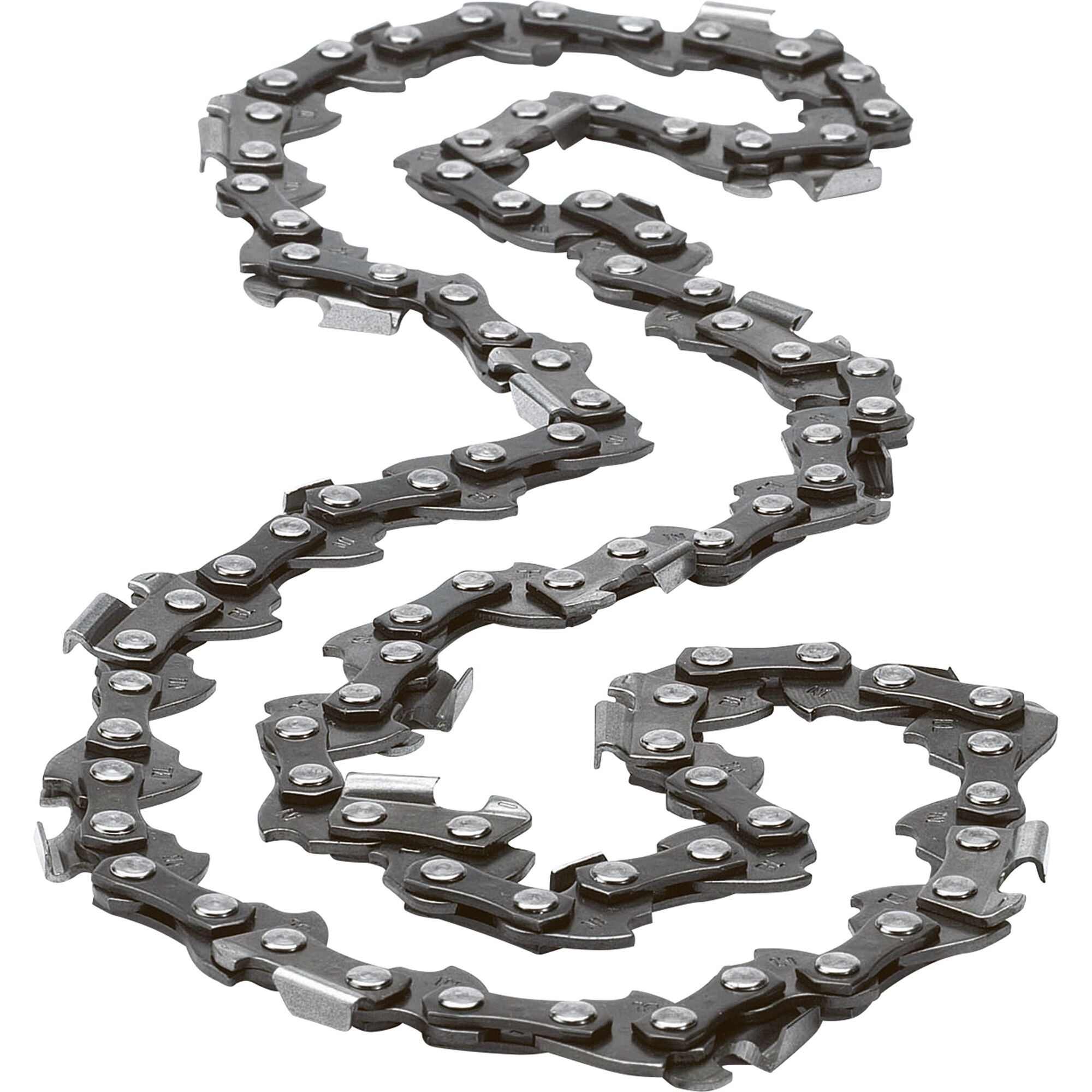 BLACKDECKER A6150 chainsaw replacement chain, black metal, photography, top angle on white background.