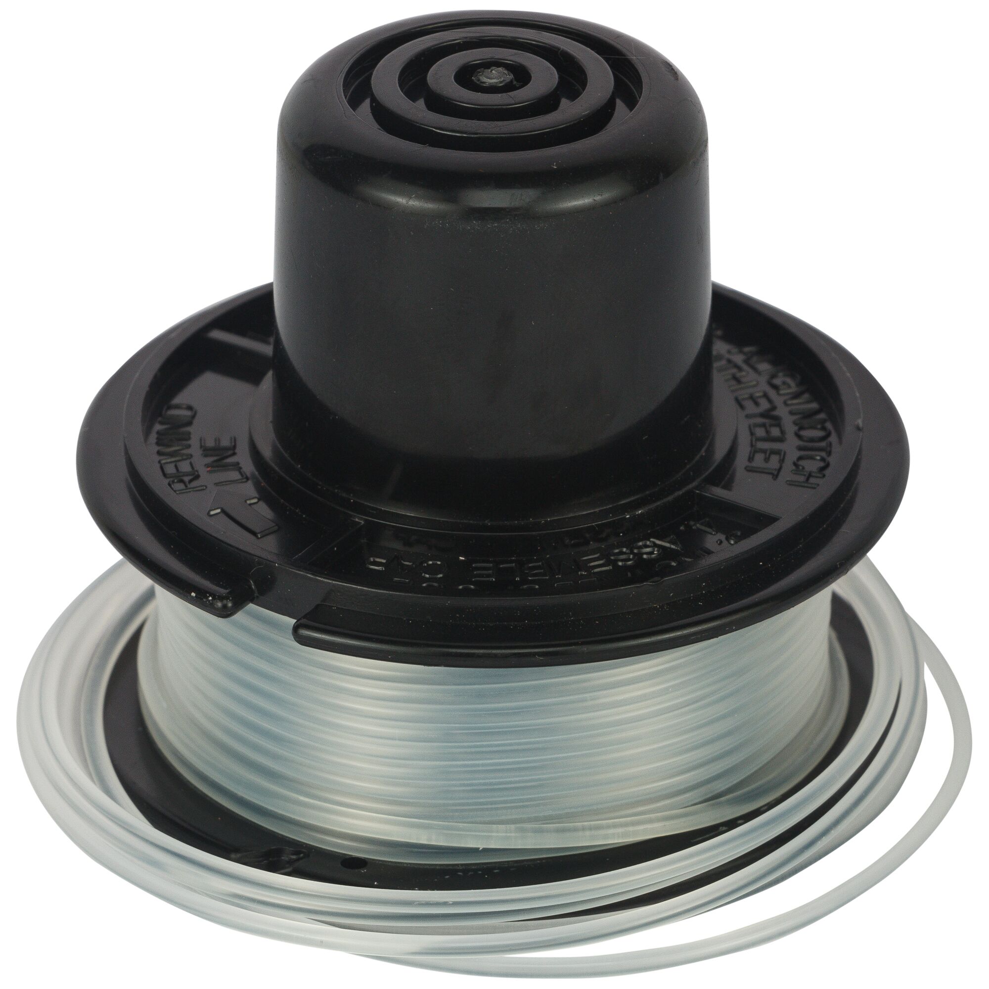 BLACKDECKER A6226 spool with white trimmer line, front angle, product photography.