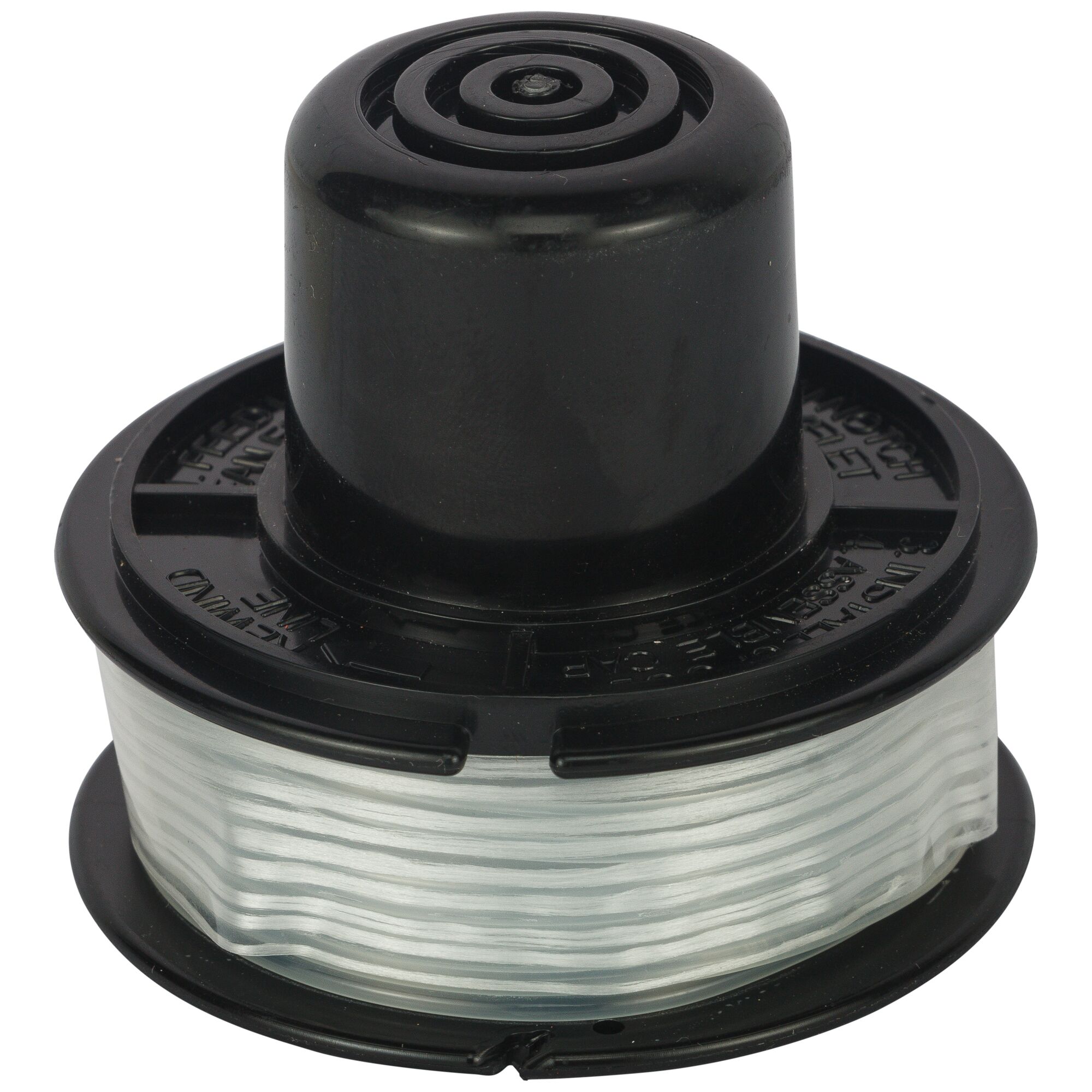 BLACKDECKER A6226 trimmer spool, black plastic casing, clear cutting line, front angle, white background
