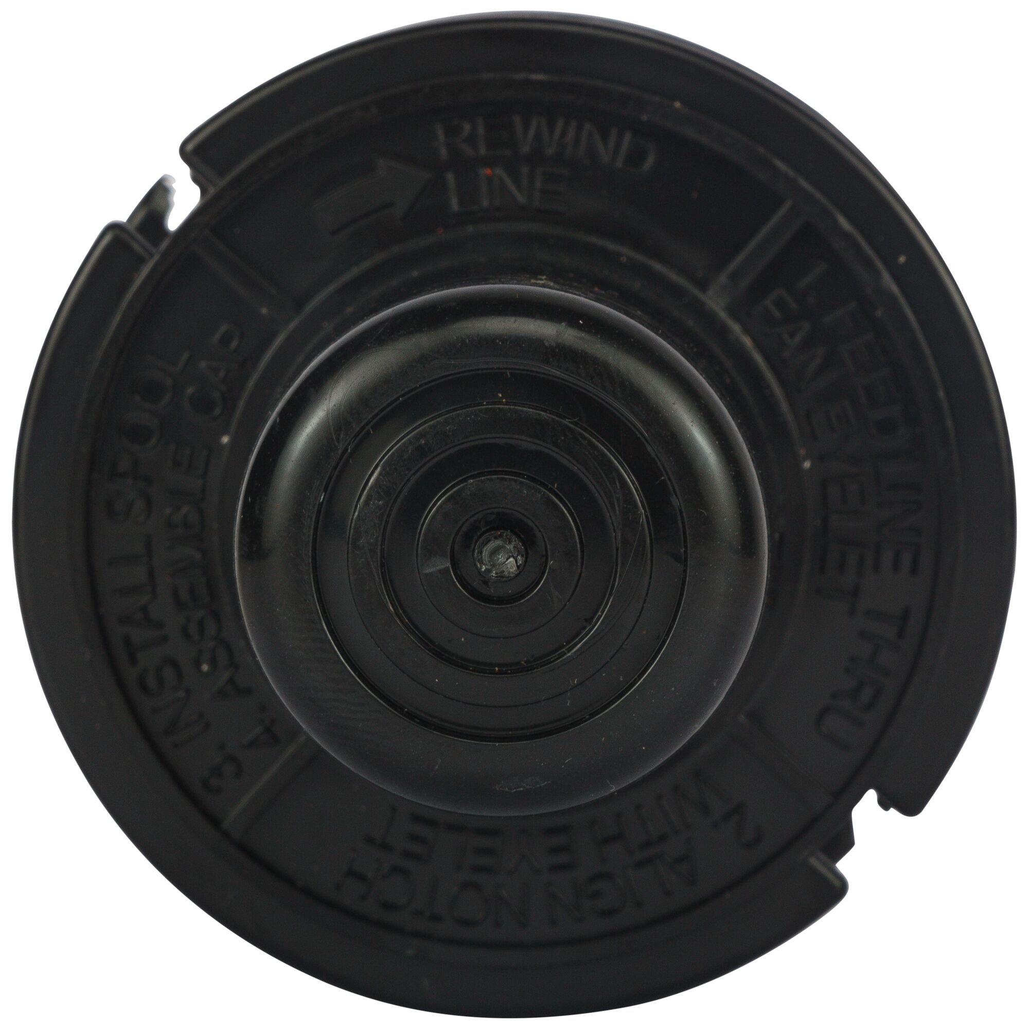 BLACKDECKER A6226 black trimmer spool cap close-up, circular plastic part with molded instructions, front view.