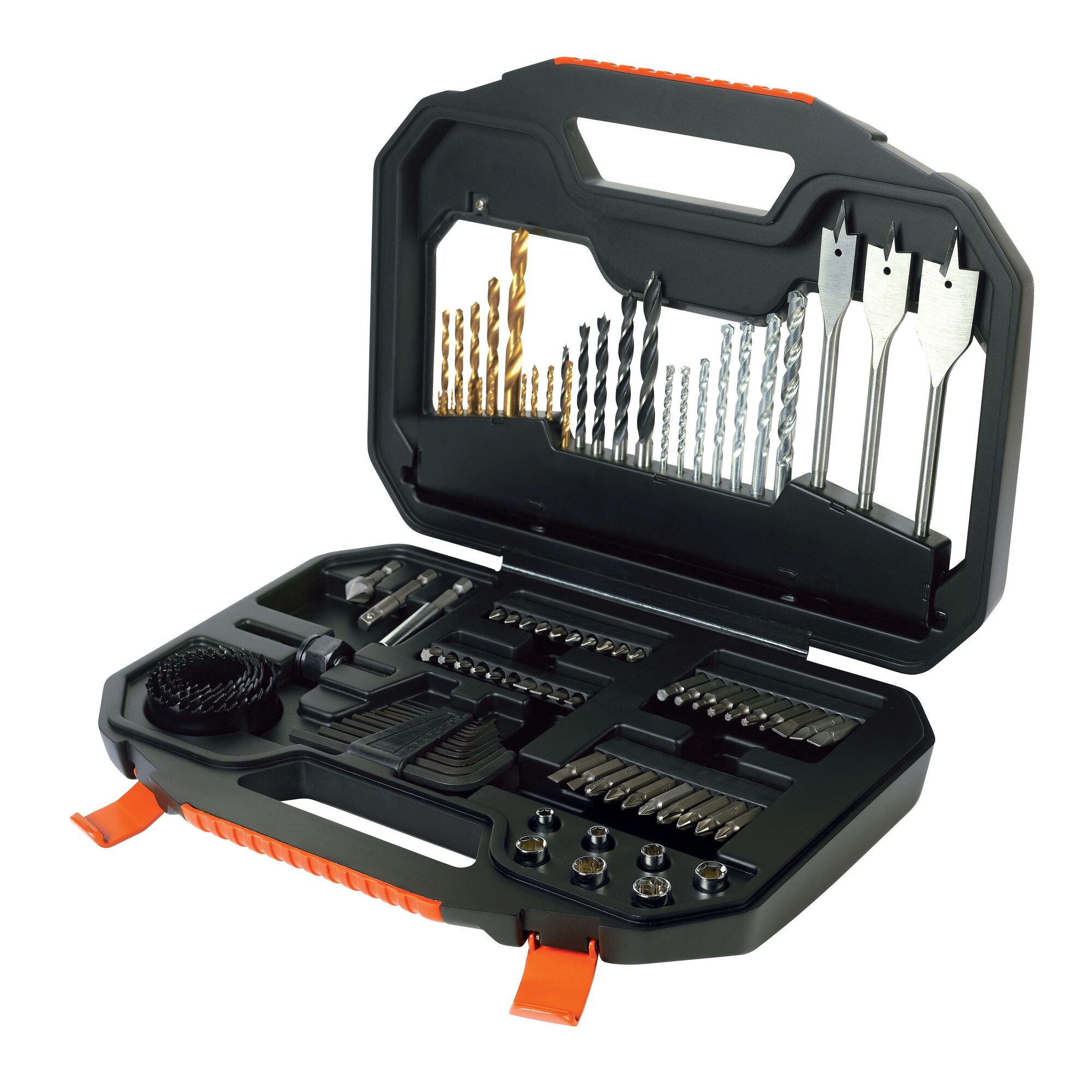 BLACKDECKER AS36LN drill and bit set in black hard case, front angle.