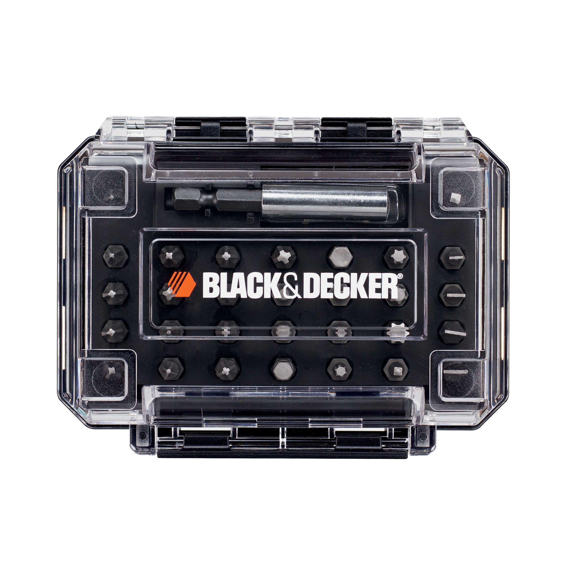 BLACKDECKER AS36LN bit set with clear case, front angle, showing assorted hex and star bits.