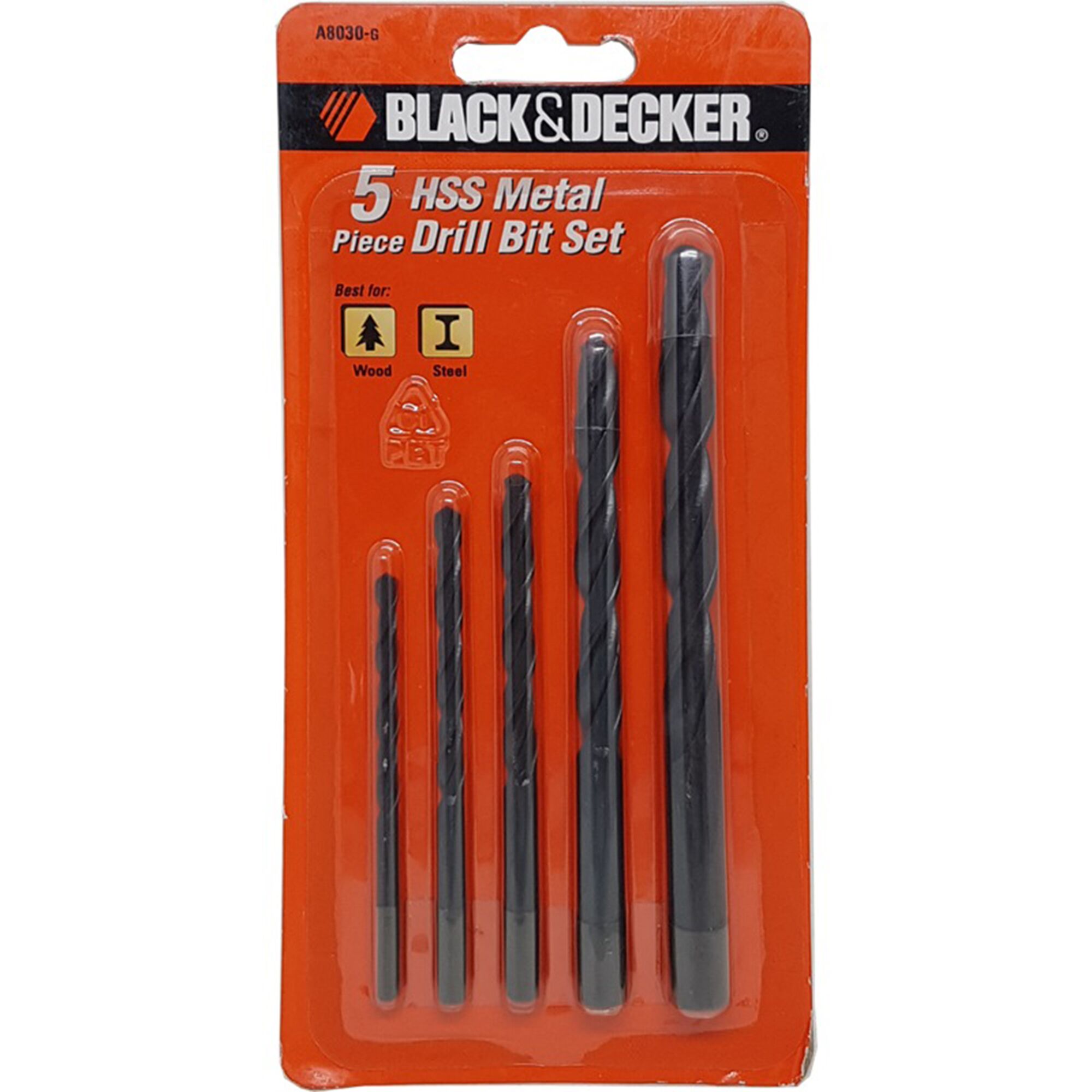 BLACKDECKER A8030G 5-piece HSS metal drill bit set in plastic packaging, shown from front on white background.
