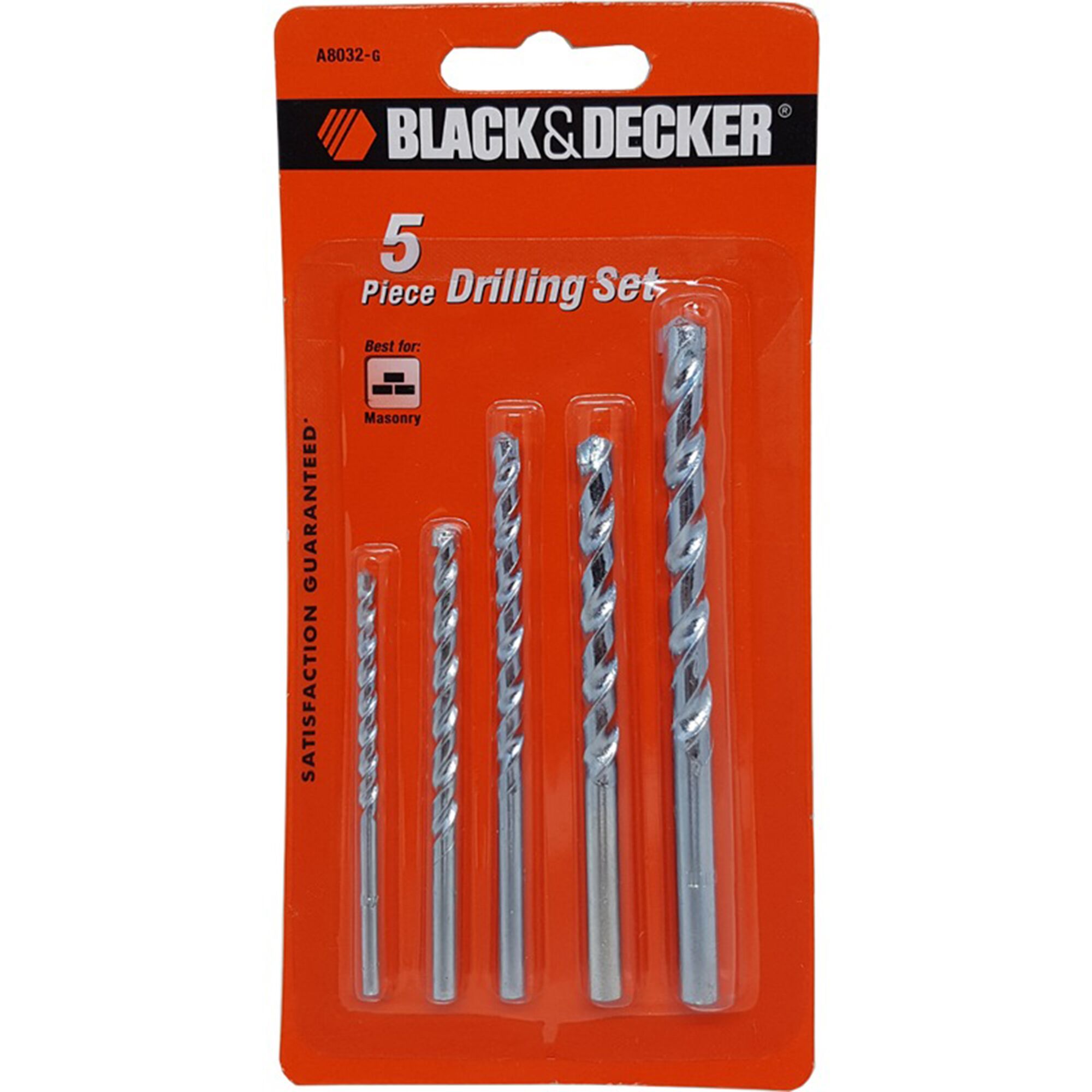 BLACKDECKER A8032G masonry drill bit set, 5 pieces, front view in orange packaging.