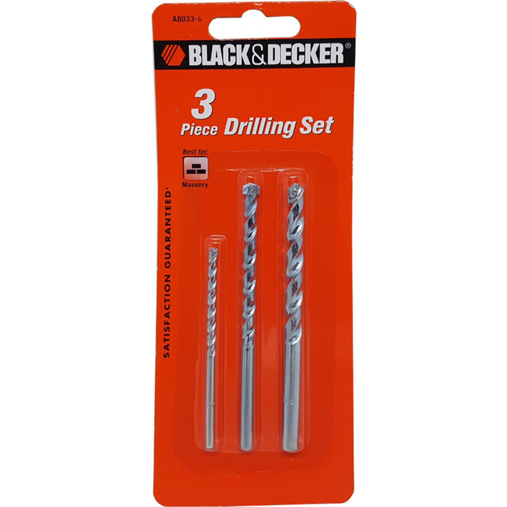 BLACK+DECKER A8033G 3-piece masonry drill bit set in retail packaging, front angle.