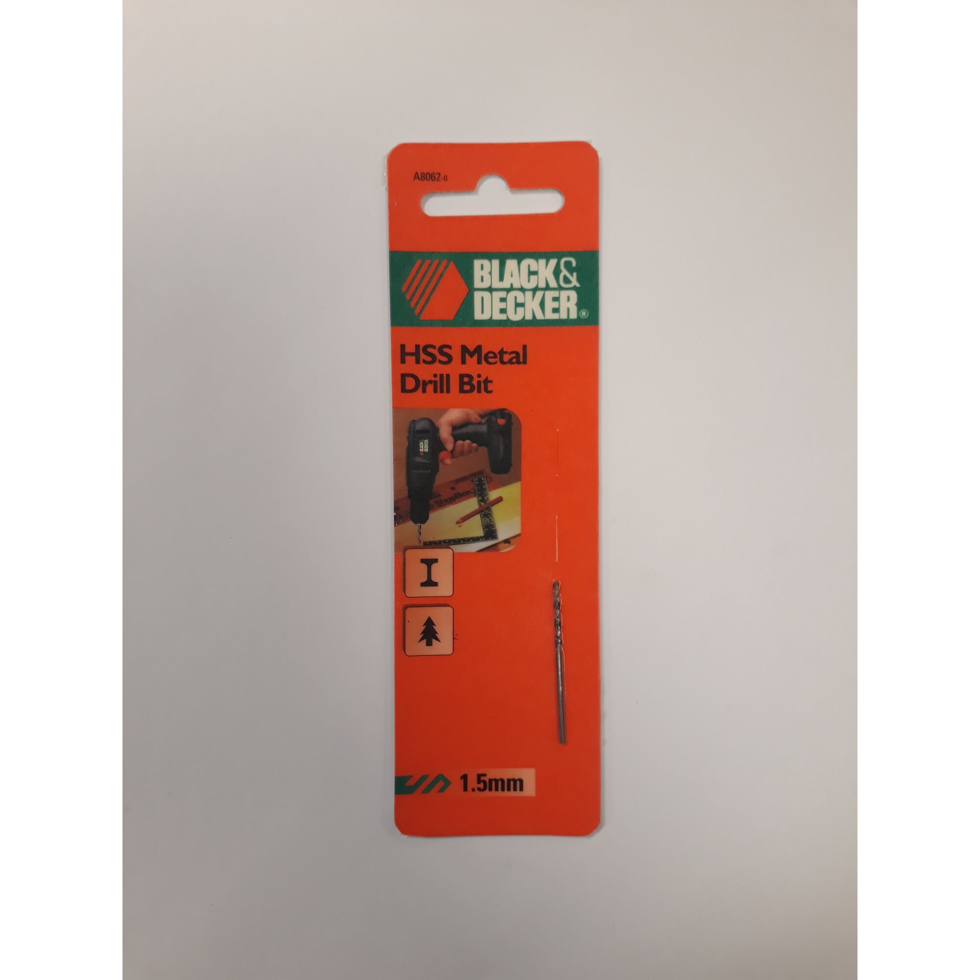 Photo of BLACK+DECKER HSS Metal Drill Bit, SKU A8062, 1.5mm, in orange packaging, front view.