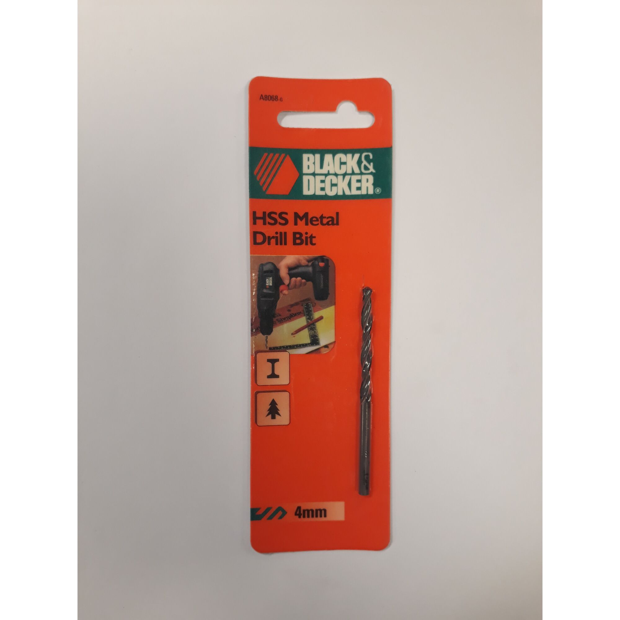 Photo of BLACKDECKER A8068 HSS metal drill bit 4mm in orange packaging, front view.