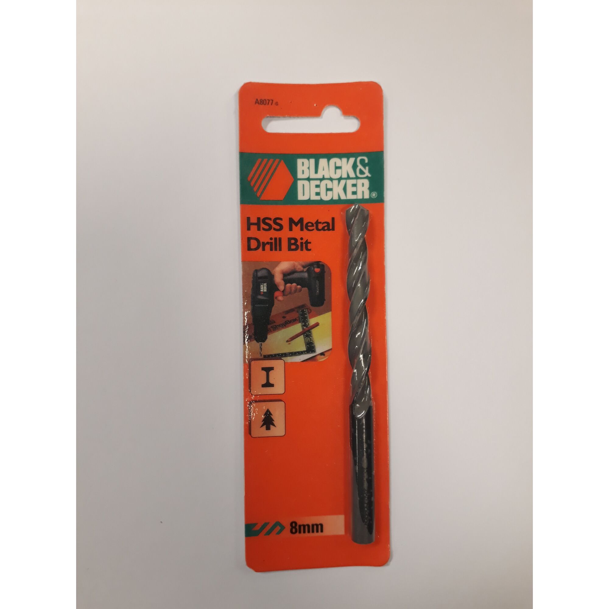 BLACKDECKER A8077 HSS metal drill bit 8mm, on orange packaging, front angle photo.