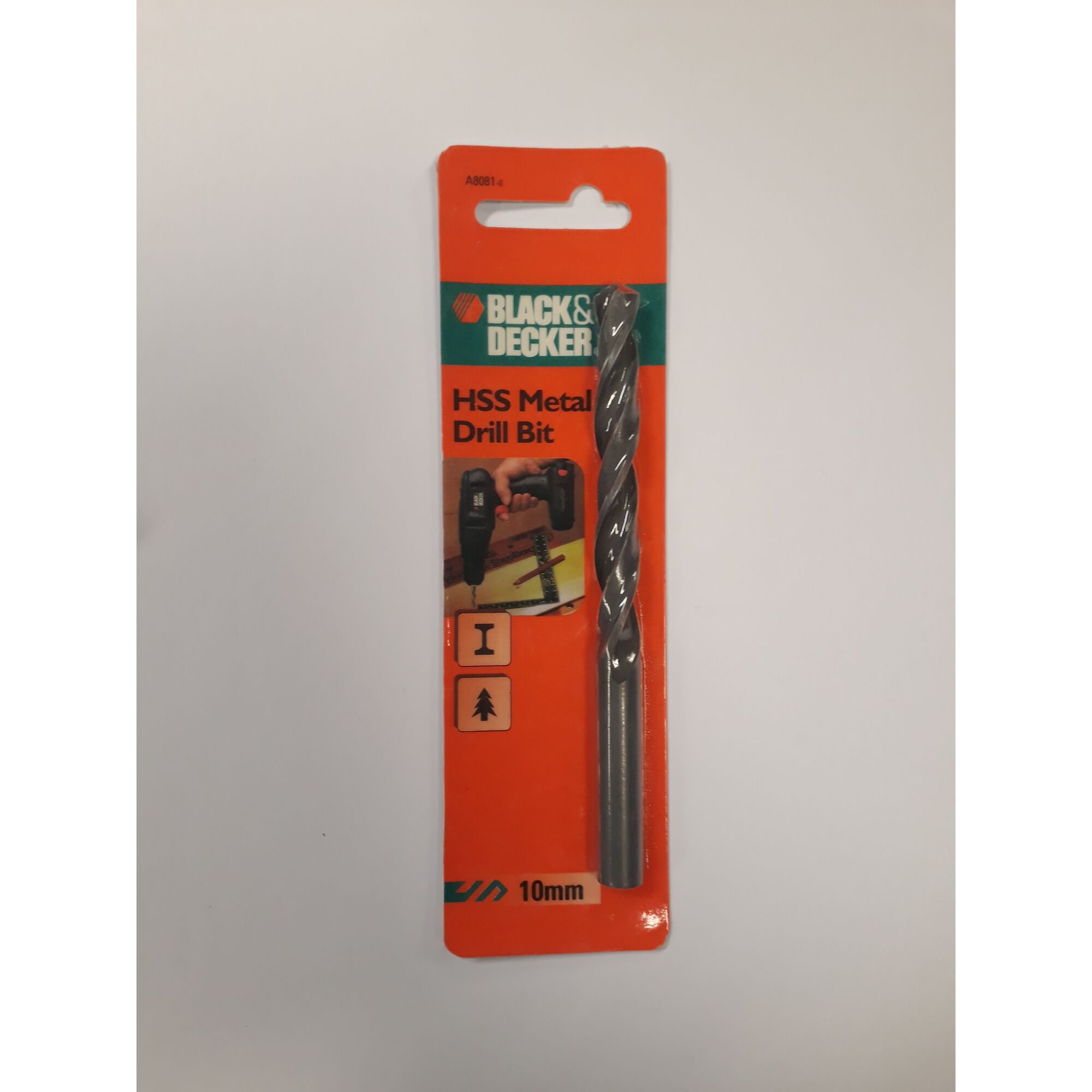 Photo of BLACKDECKER A8081 HSS metal drill bit 10mm in orange retail packaging, front view.