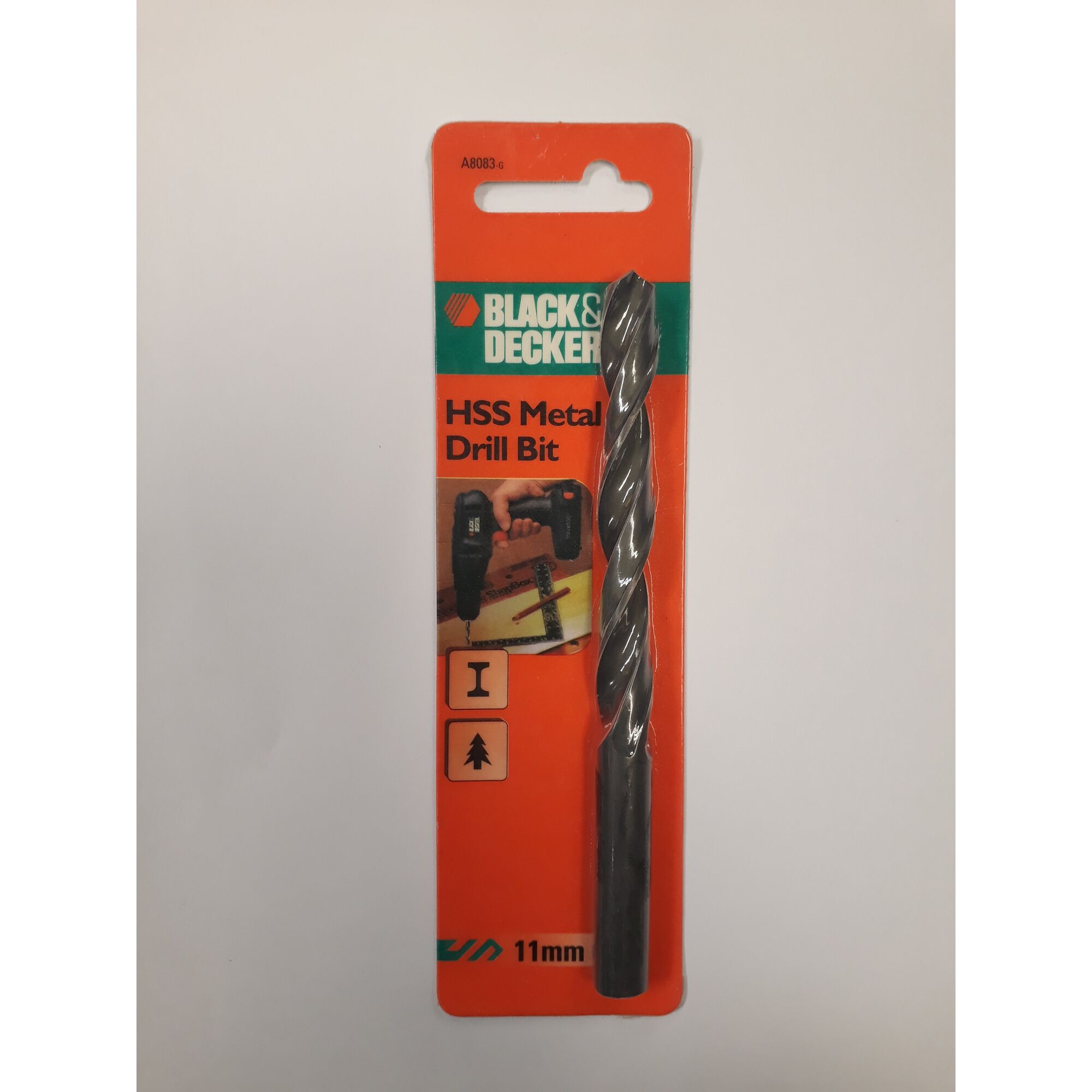 BLACKDECKER A8083 HSS metal drill bit 11mm on orange card, front angle, photography product category.