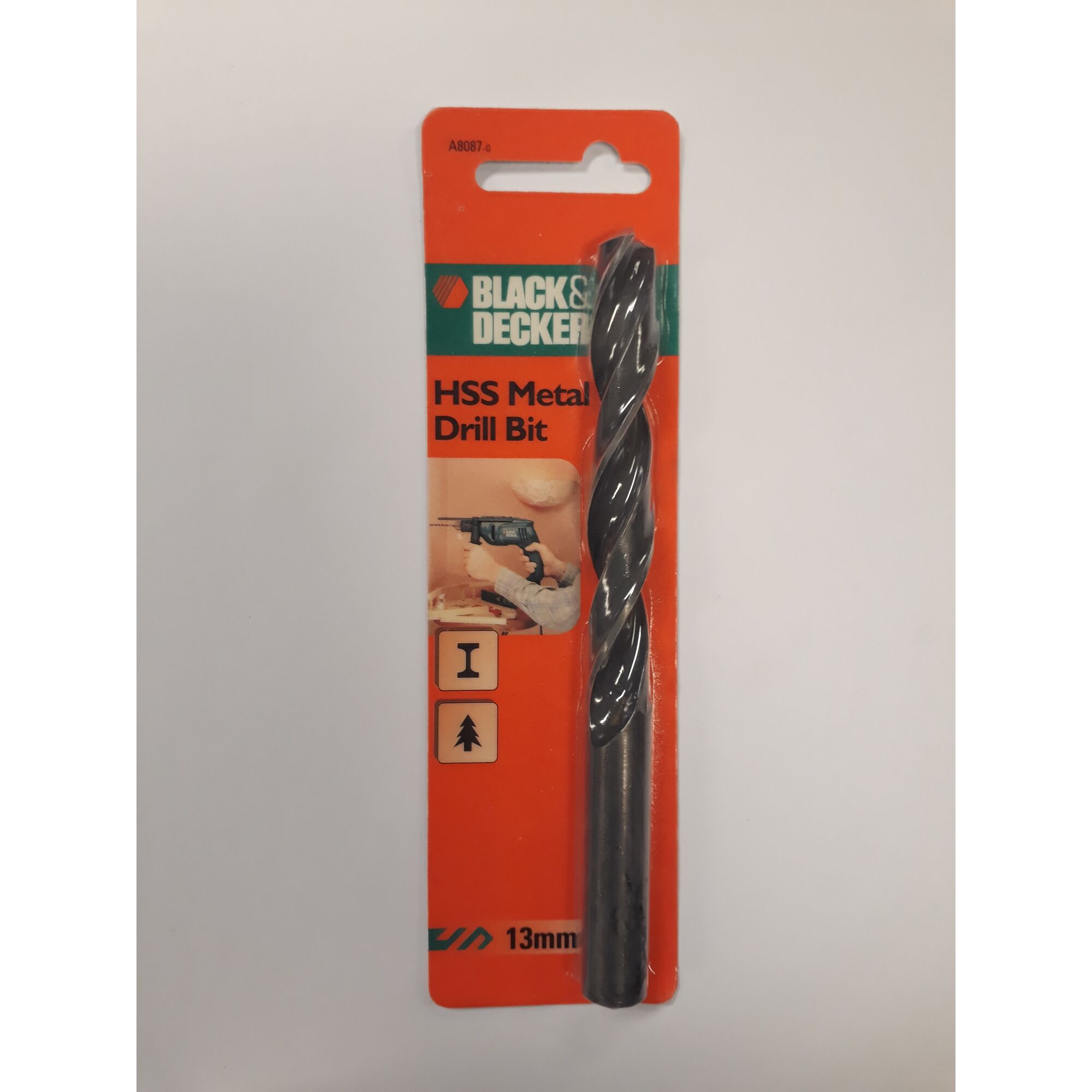 Photo of BLACK+DECKER HSS metal drill bit, SKU A8087, 13mm, in retail packaging, front angle.