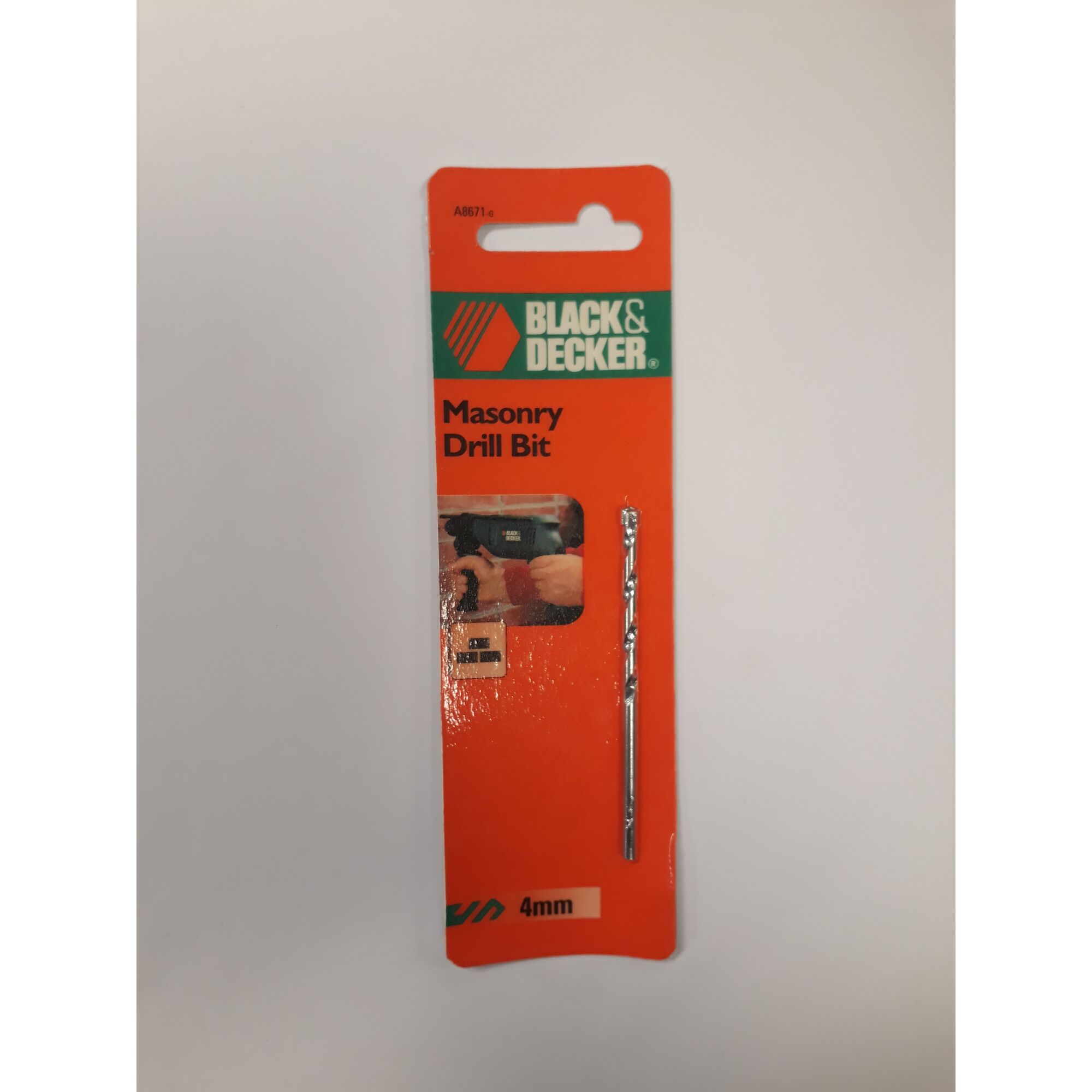 BLACKDECKER A8671 masonry drill bit 4mm in orange packaging, front view on white background.