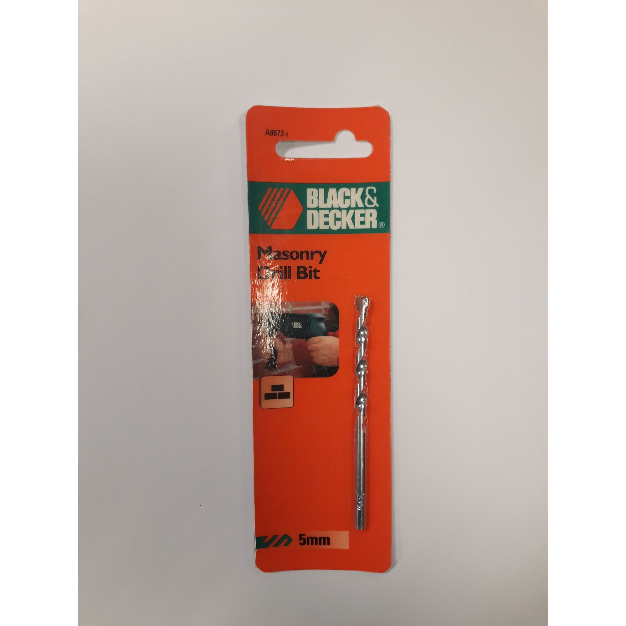 BLACK+DECKER masonry drill bit A8673 in retail packaging, straight-on angle, 5mm size.