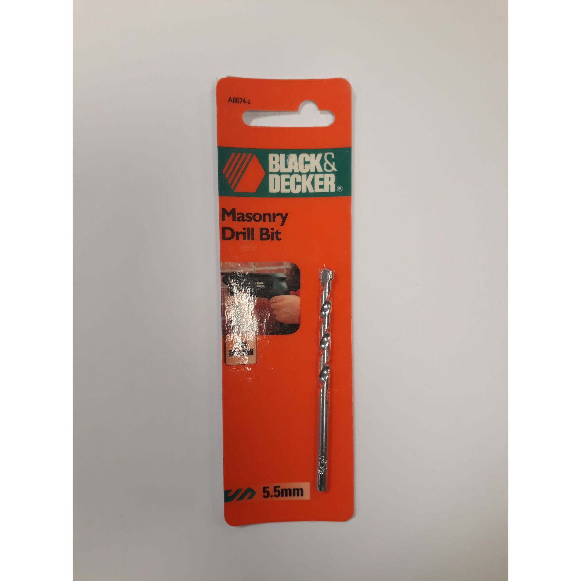 BLACKDECKER A8674 masonry drill bit, 5.5mm size, in orange retail packaging, front view photo.