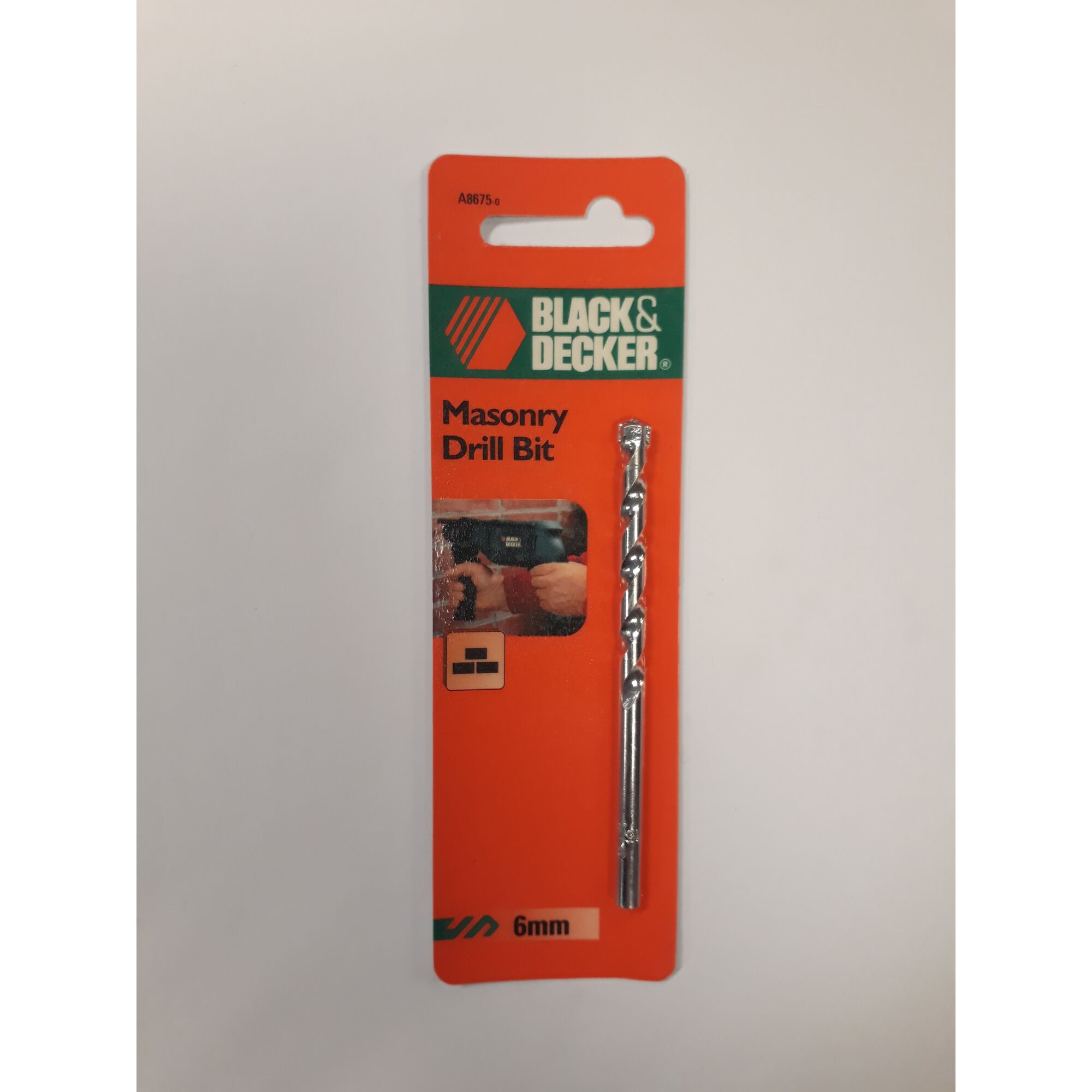 BLACKDECKER A8675 masonry drill bit, 6mm, in orange retail packaging, photographed front view.