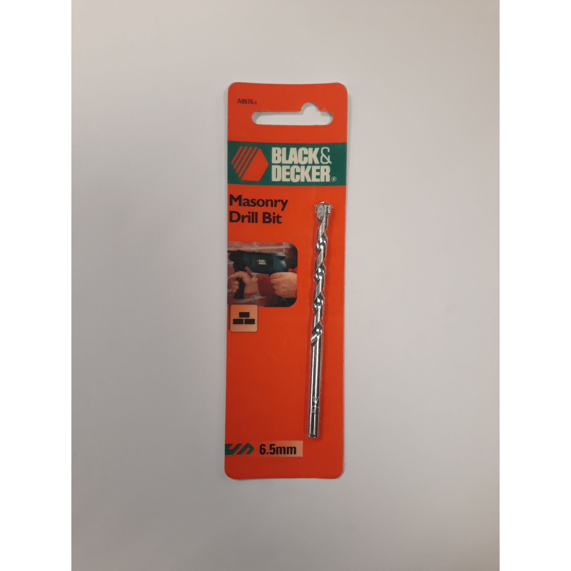 BLACK+DECKER A8676 masonry drill bit 6.5mm, packaged on orange card, front angle, white background.