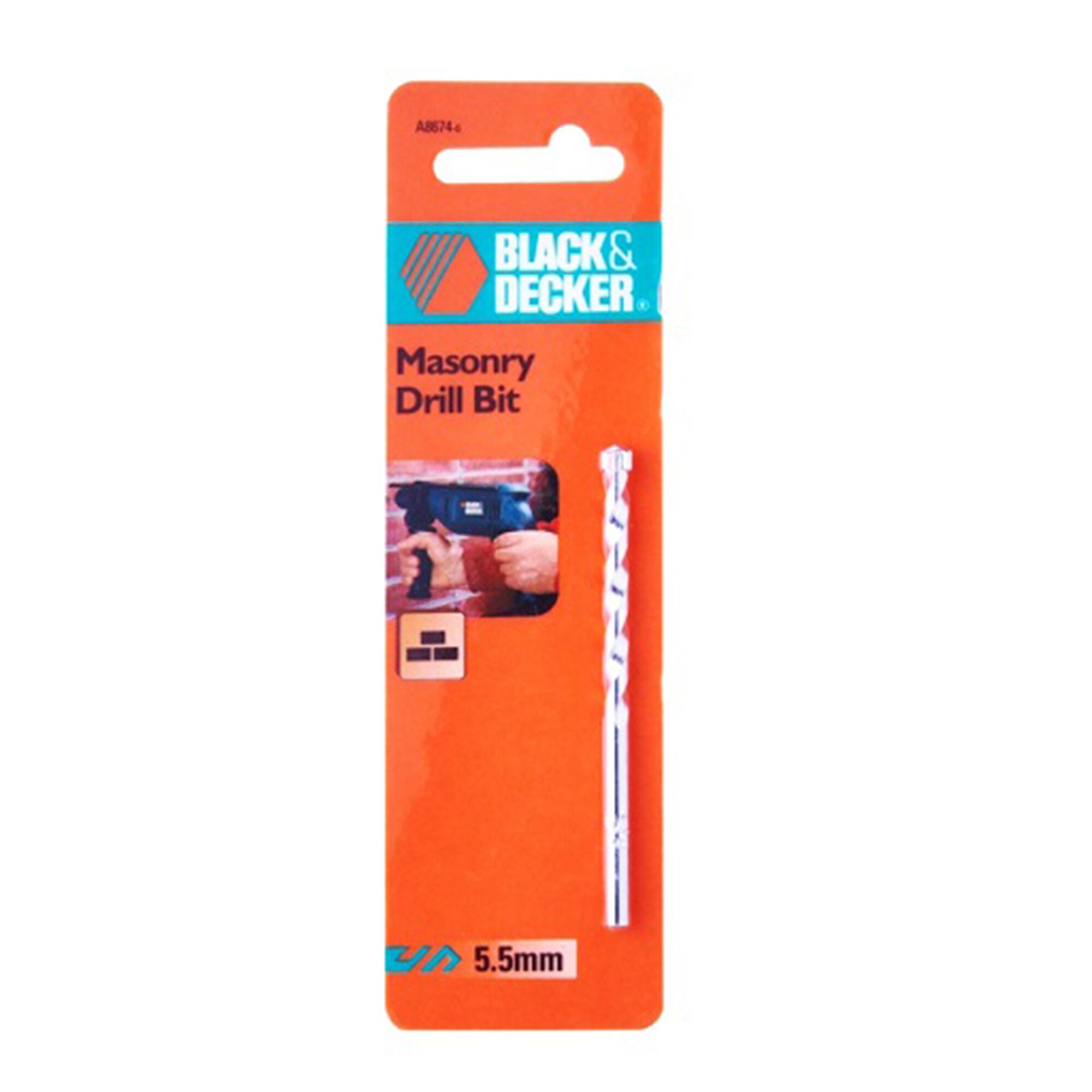BLACKDECKER masonry drill bit SKU A8680, 5.5mm, silver, vertical package on white background.