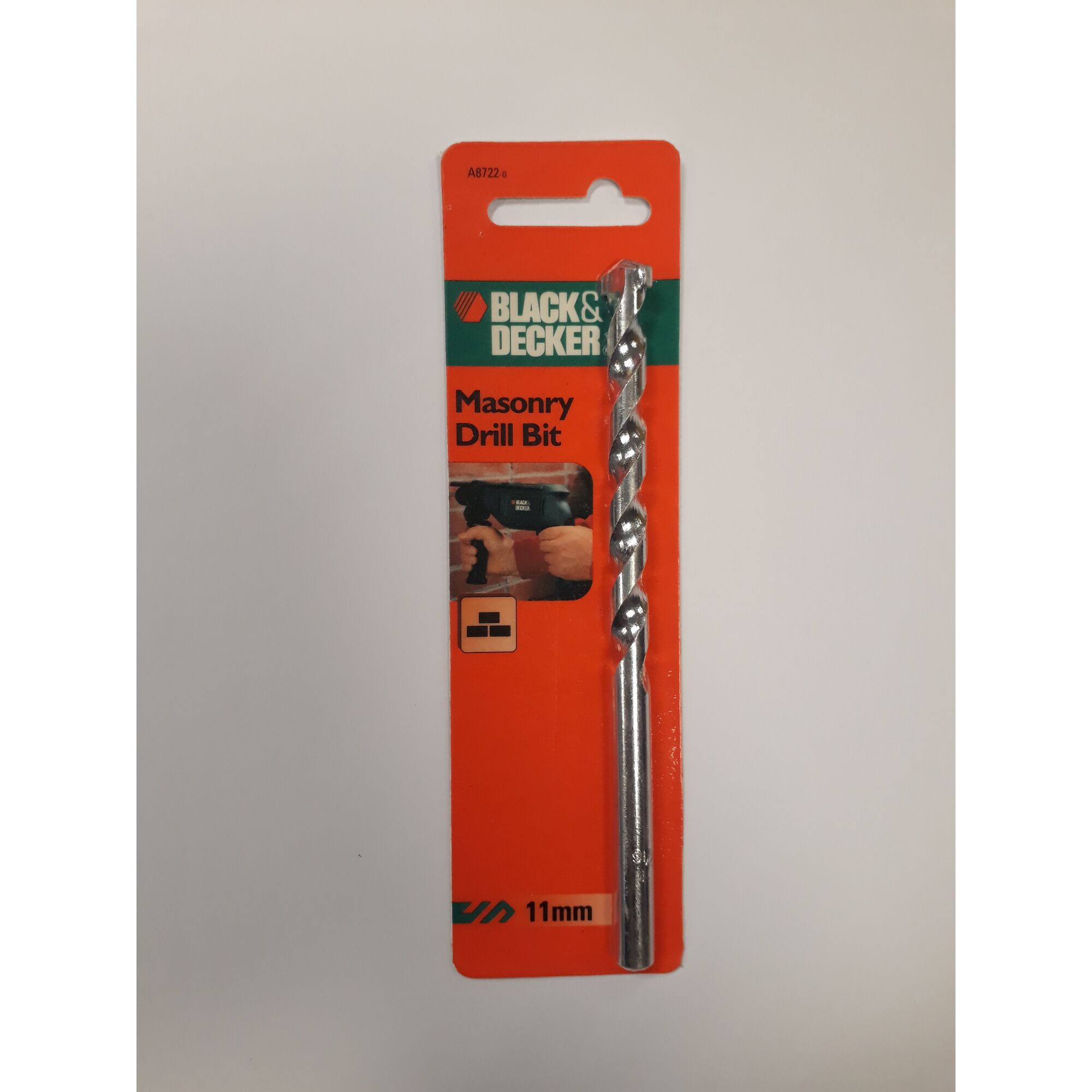 BLACKDECKER masonry drill bit 11mm, SKU A8722, in retail packaging, front angle photo.