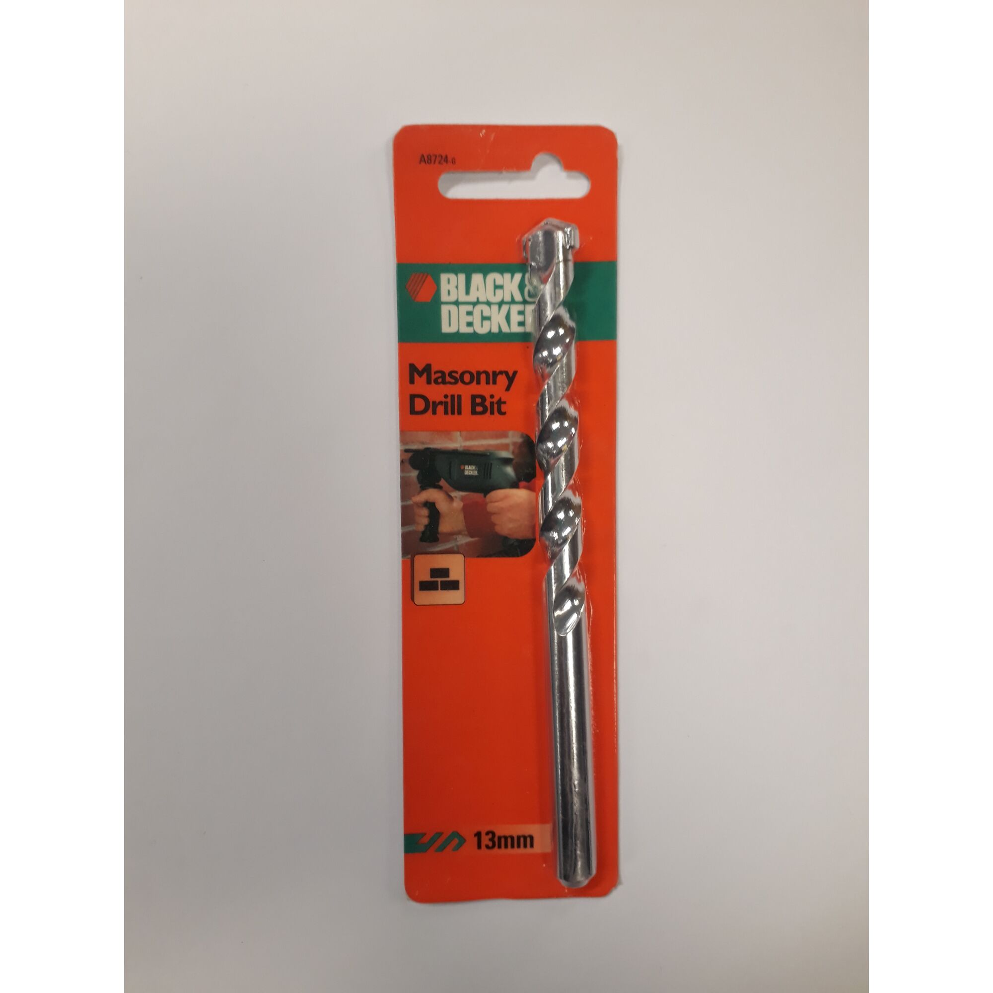 BLACKDECKER A8724 masonry drill bit, 13mm, silver, retail packaging, front angle, photo.