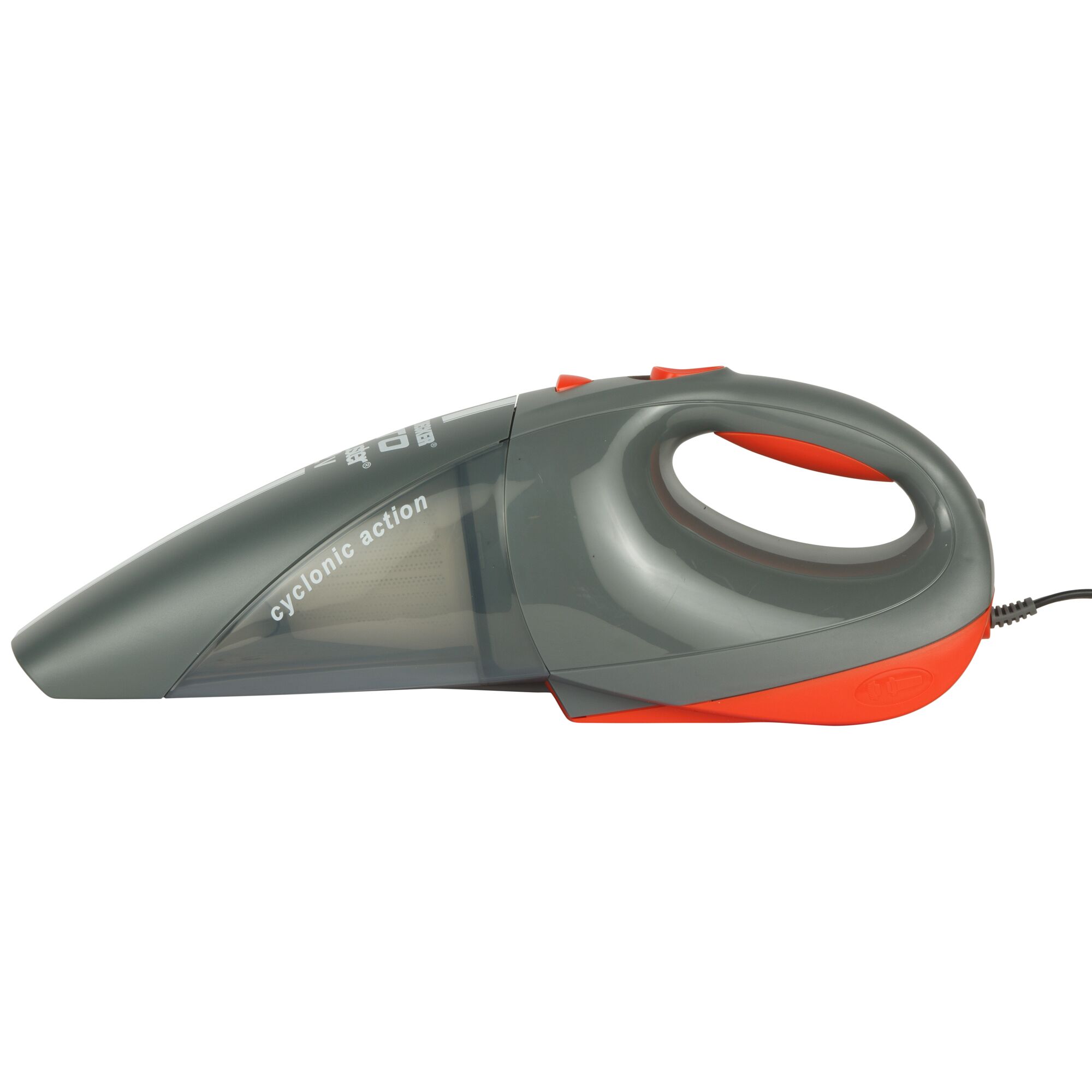 BLACKDECKER ACV1205 handheld vacuum in grey and orange, side angle, shown on white background.