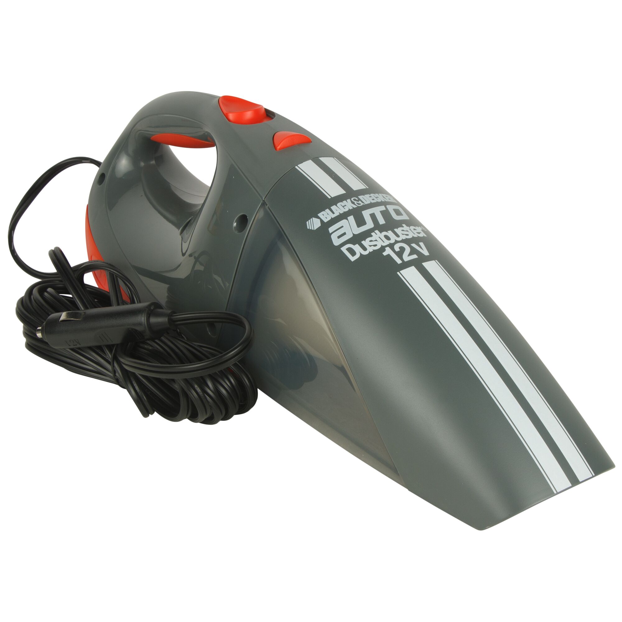 BLACKDECKER ACV1205 car handheld vacuum in gray with red accents, front angle, coiled power cord visible.