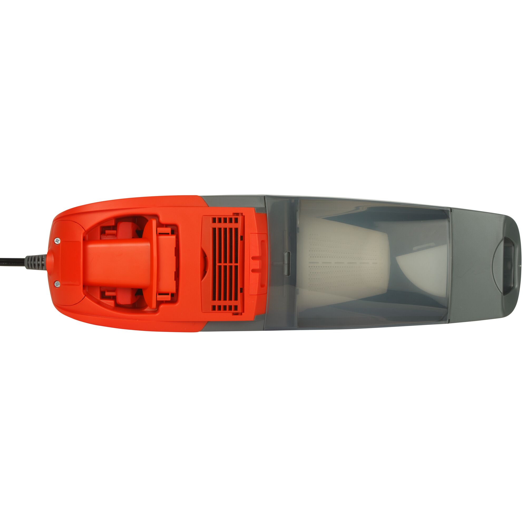 BLACKDECKER ACV1205 handheld vacuum cleaner, red and grey, top angle on white background.