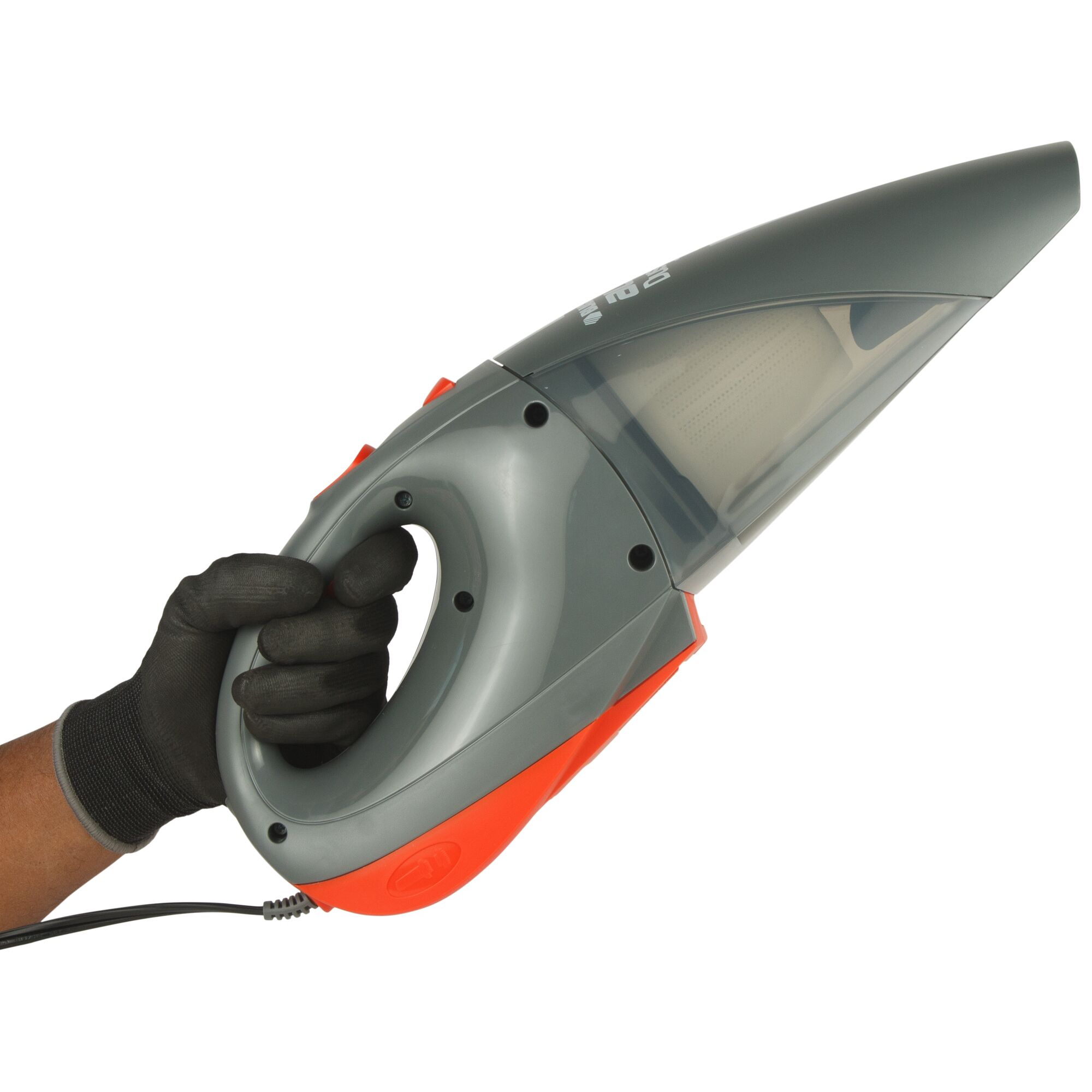 Photo of BLACKDECKER ACV1205 handheld vacuum cleaner in gray and orange, side angle, held by gloved hand.