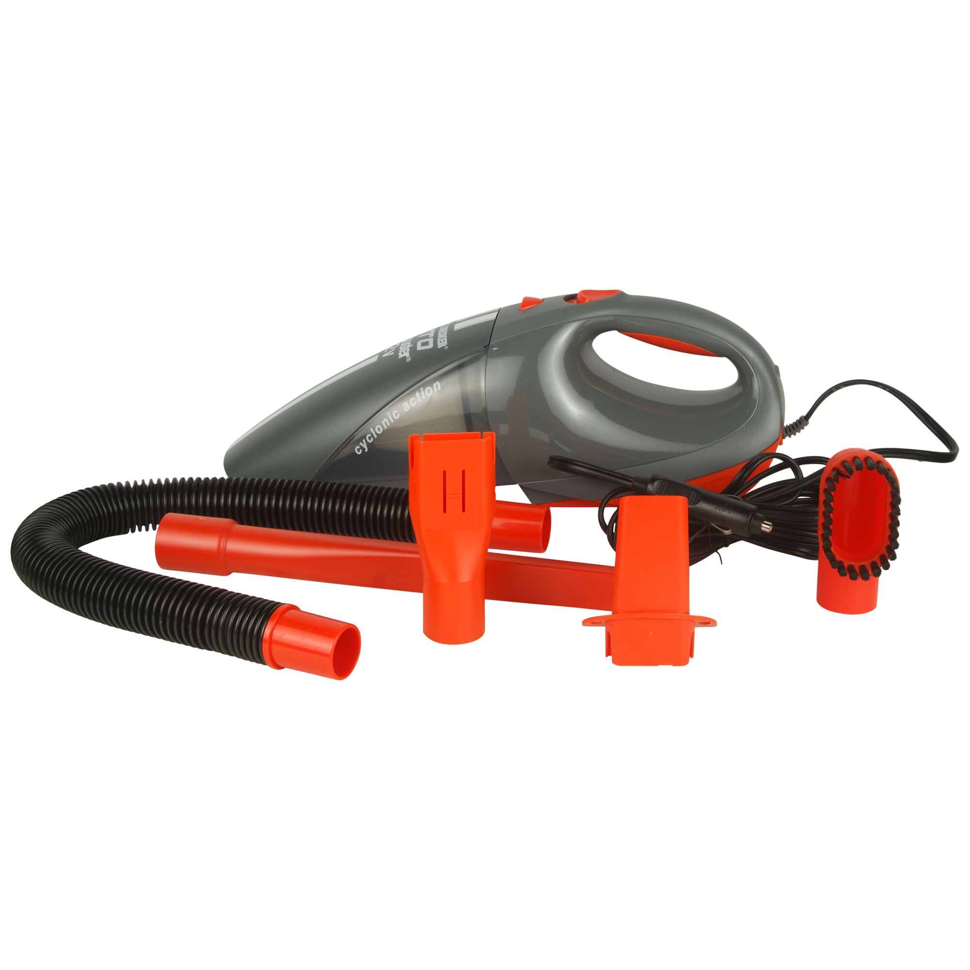 BLACK+DECKER ACV1205 handheld vacuum cleaner with multiple red attachments and hose, product side angle on white.
