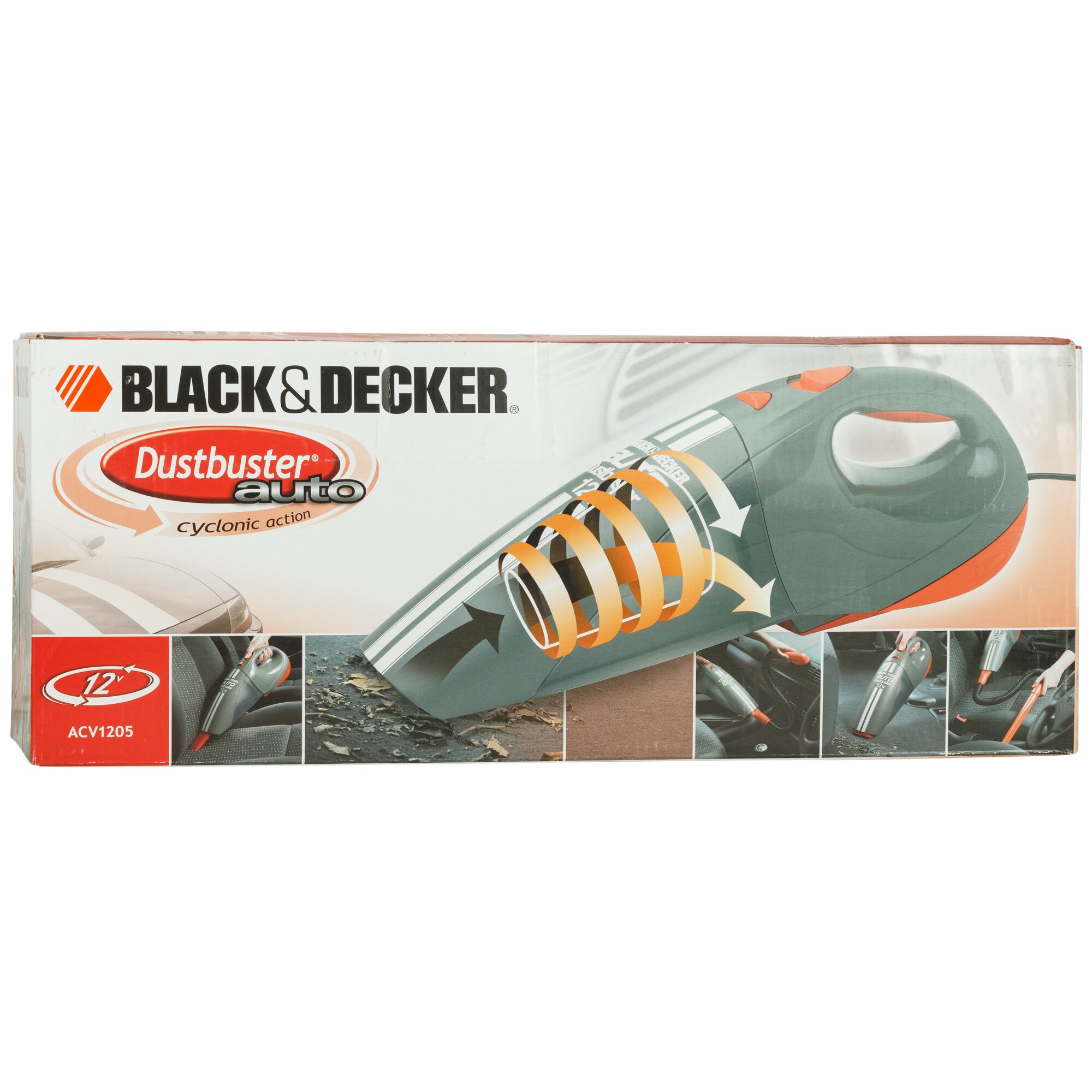 BLACKDECKER ACV1205 car handheld vacuum box, showing Dustbuster auto cyclonic action design.