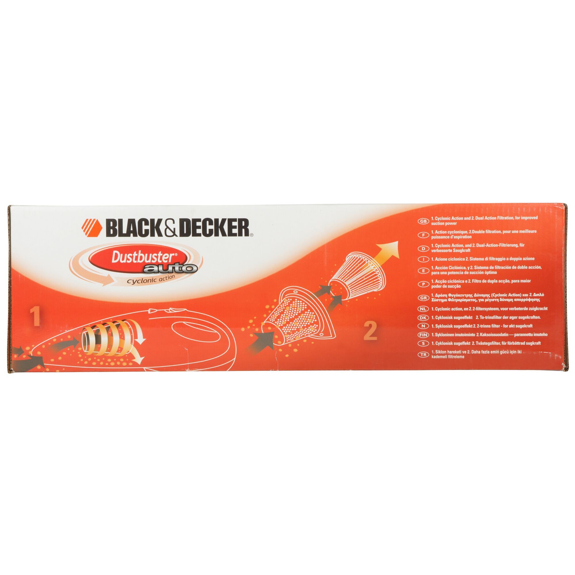 BLACK+DECKER ACV1205 car vacuum cleaner box, showing Dustbuster Auto branding, filtration system, and orange graphics, side angle.