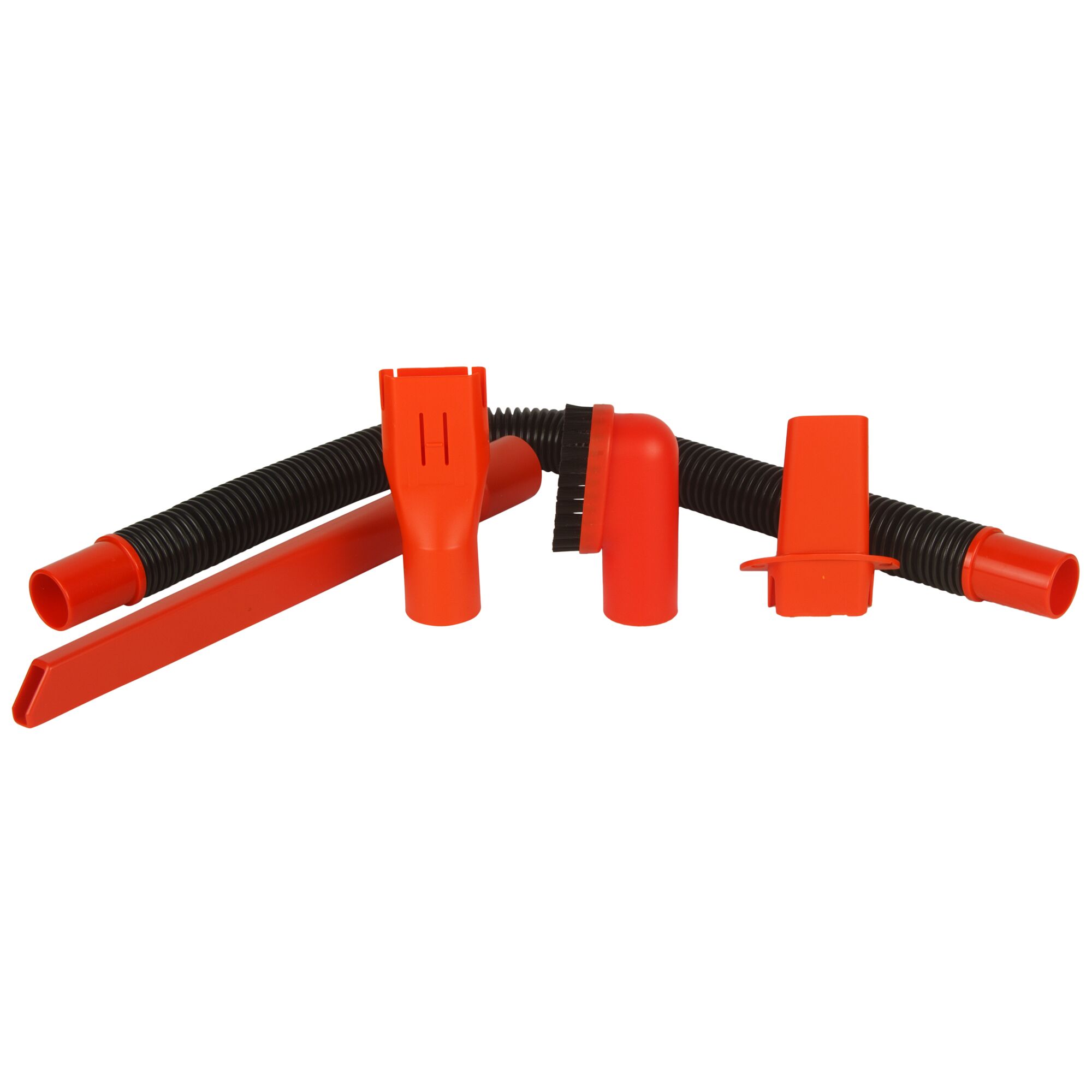 BLACKDECKER ACV1205 vacuum accessory kit with flexible black hose, crevice tool, nozzle, and brush, front angle.