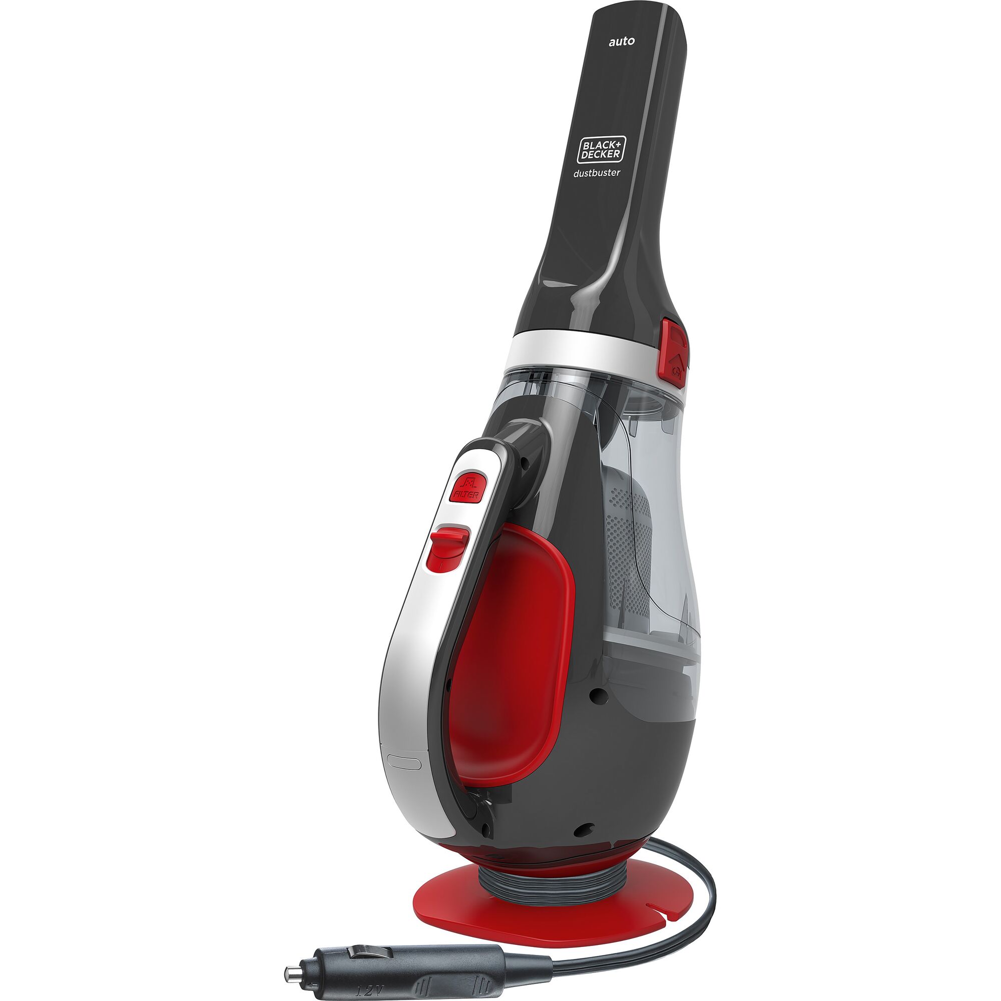 BLACK+DECKER ADV1200 handheld vacuum cleaner front angle, black and red, with car power adapter.