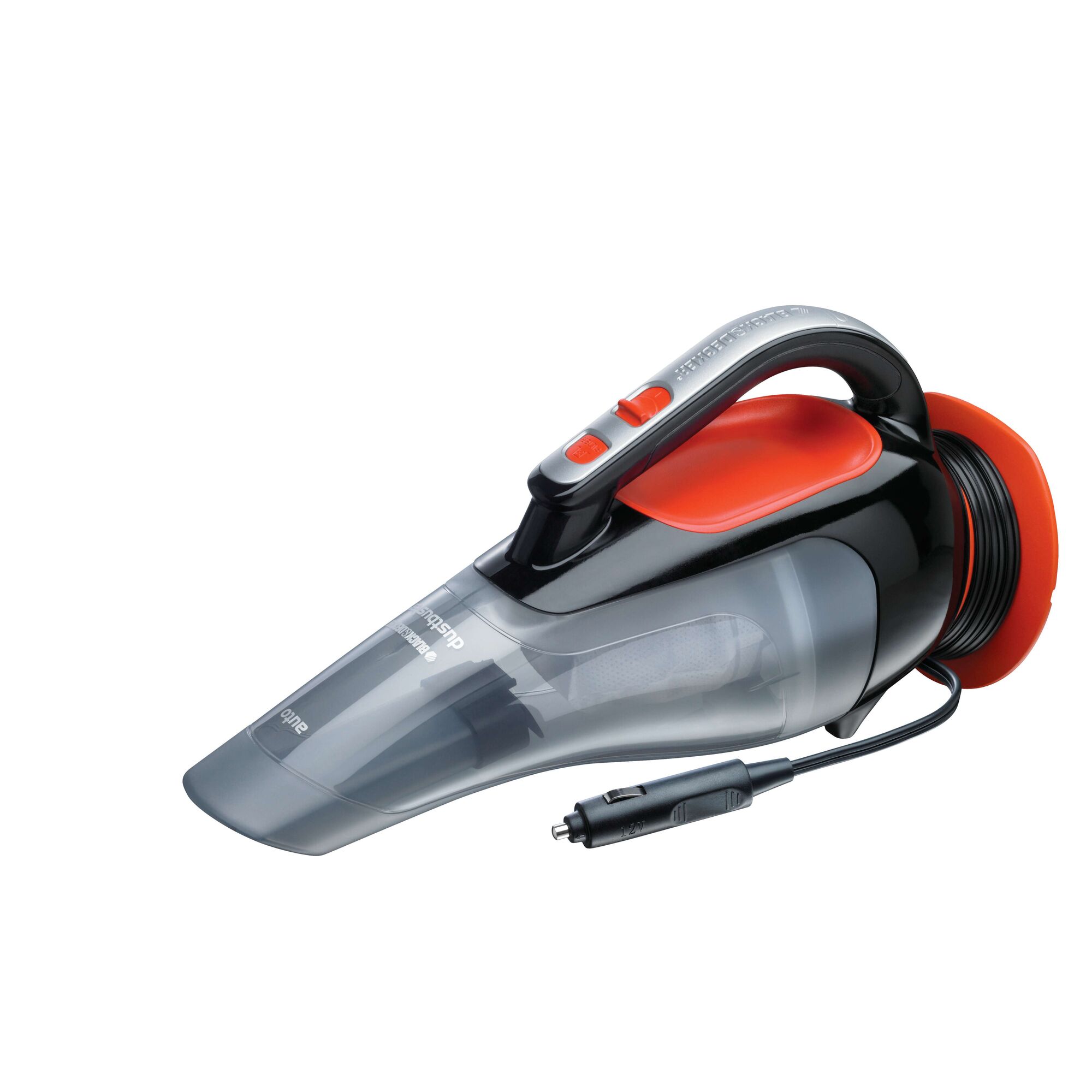 BLACKDECKER ADV1210 handheld car vacuum, black and orange, side angle on white background.
