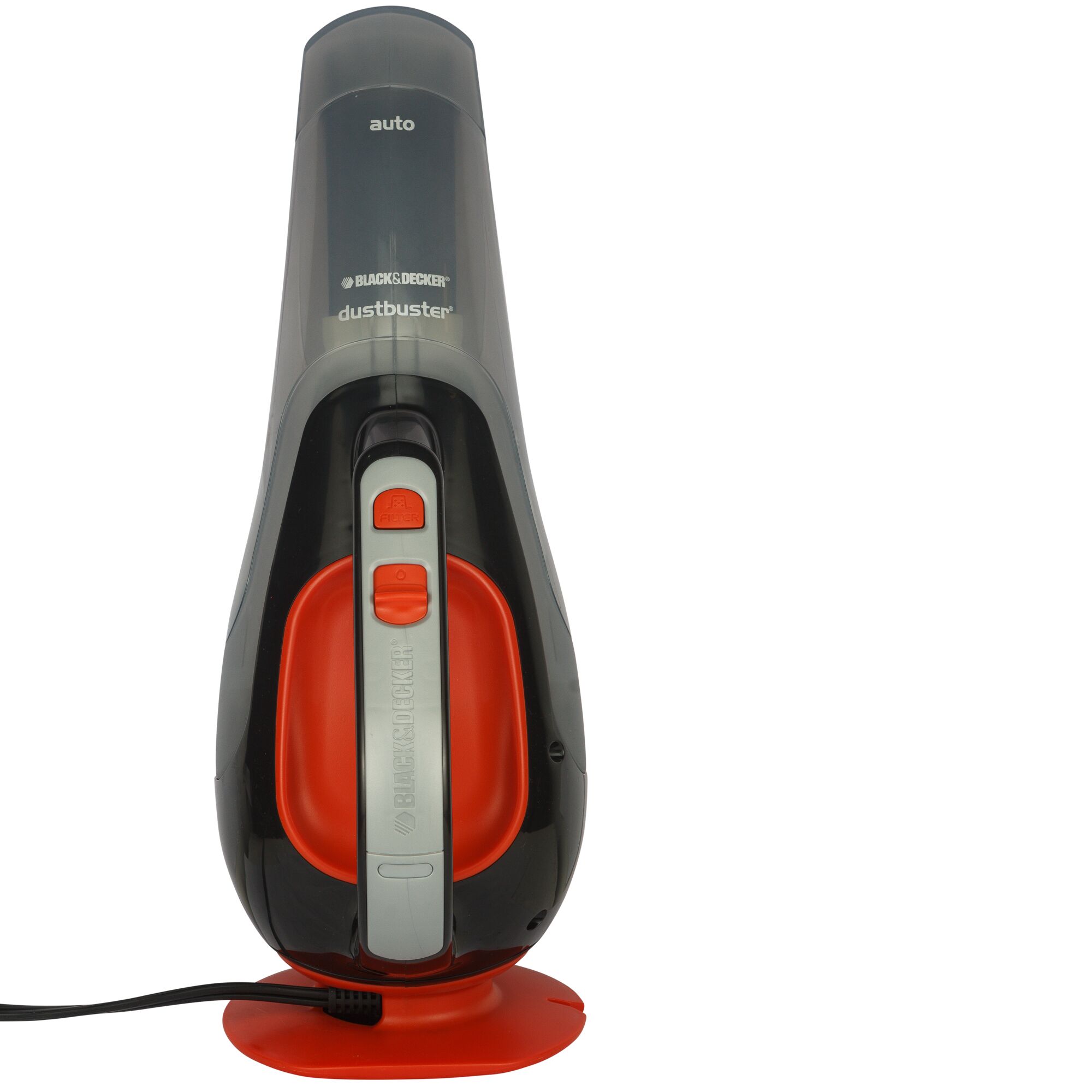 BLACKDECKER ADV1210 handheld vacuum cleaner, front angle, black and red design, white background.