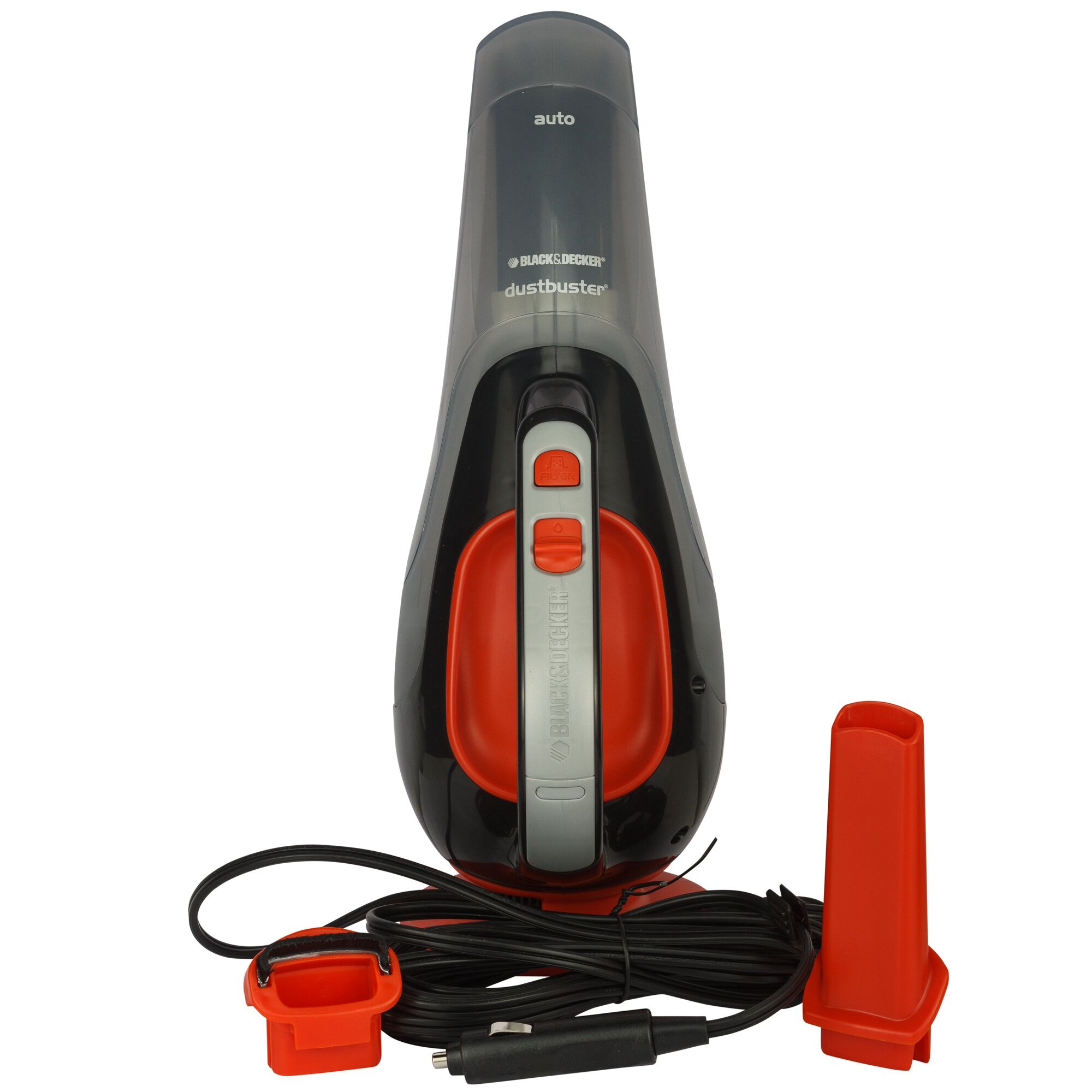 BLACK+DECKER ADV1210 handheld car vacuum cleaner with cord, red and black, shown with accessories, front view.