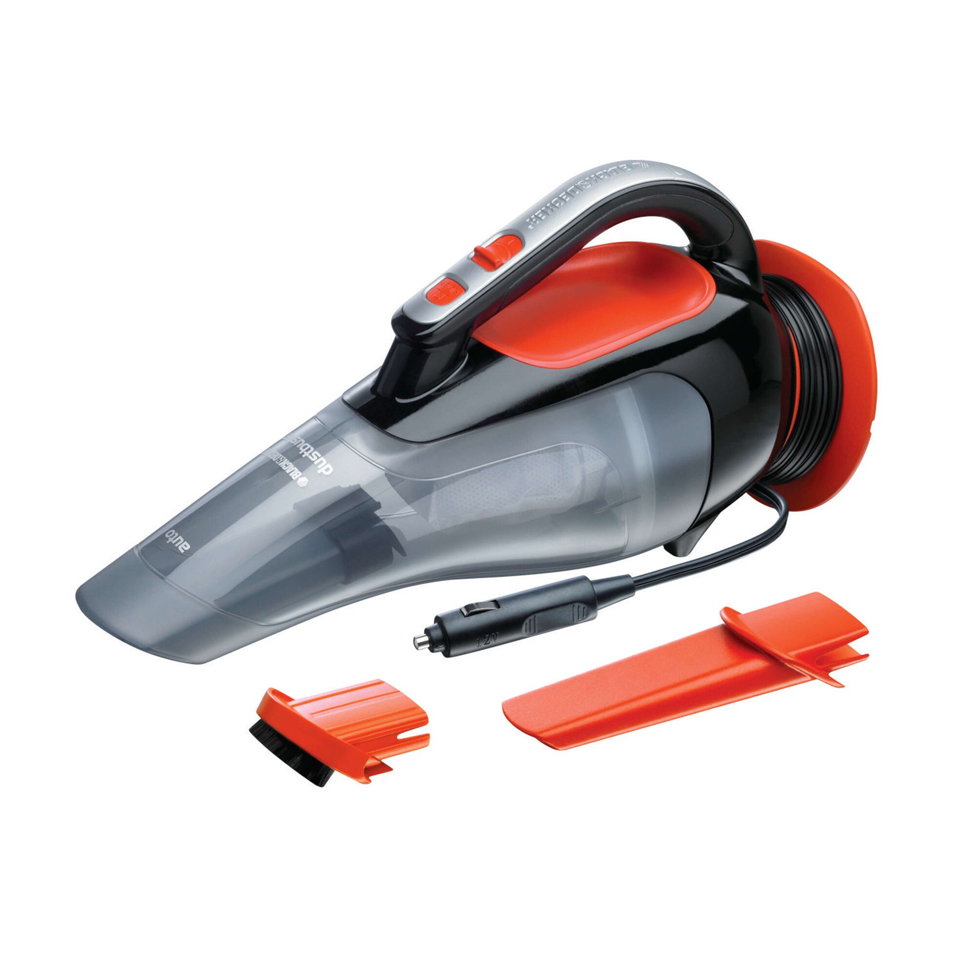 BLACKDECKER ADV1210 handheld vacuum cleaner with cord and accessories, side angle, black and orange.