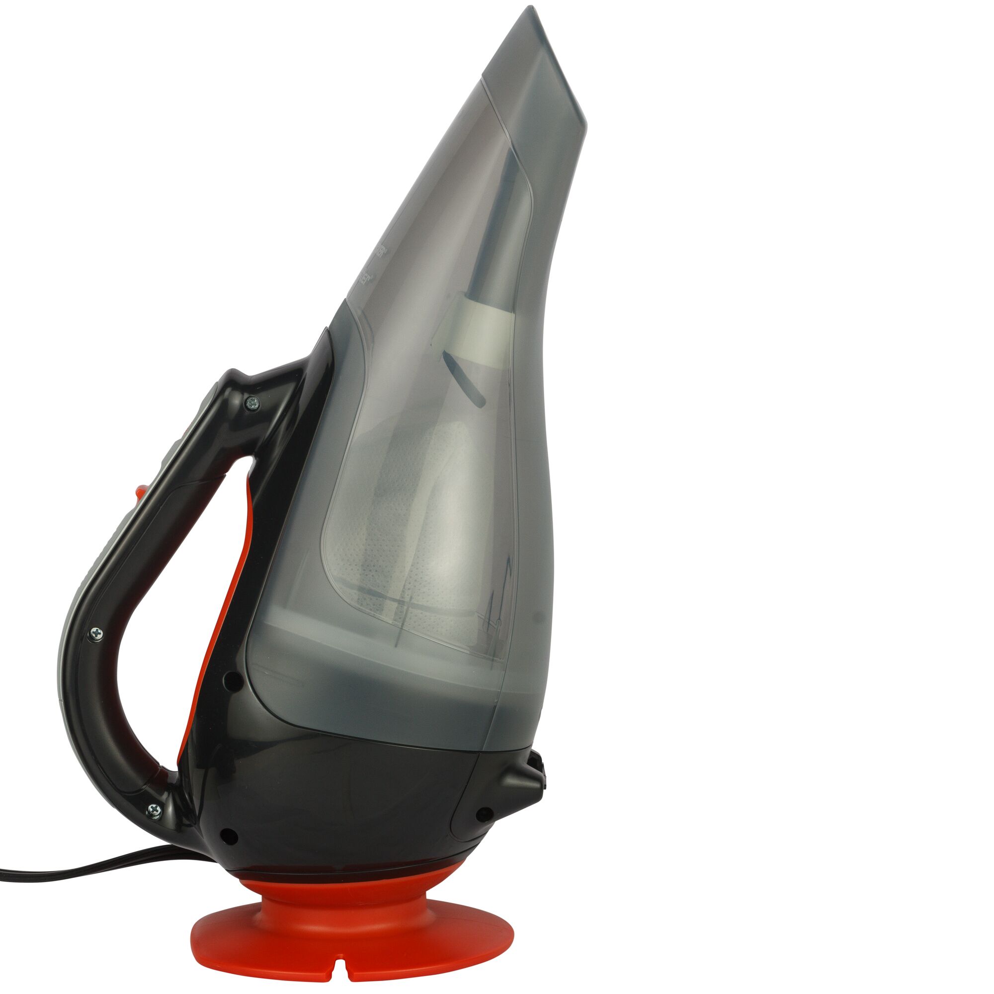 BLACKDECKER ADV1210 handheld vacuum cleaner side view, black and grey body with red base, on white background.
