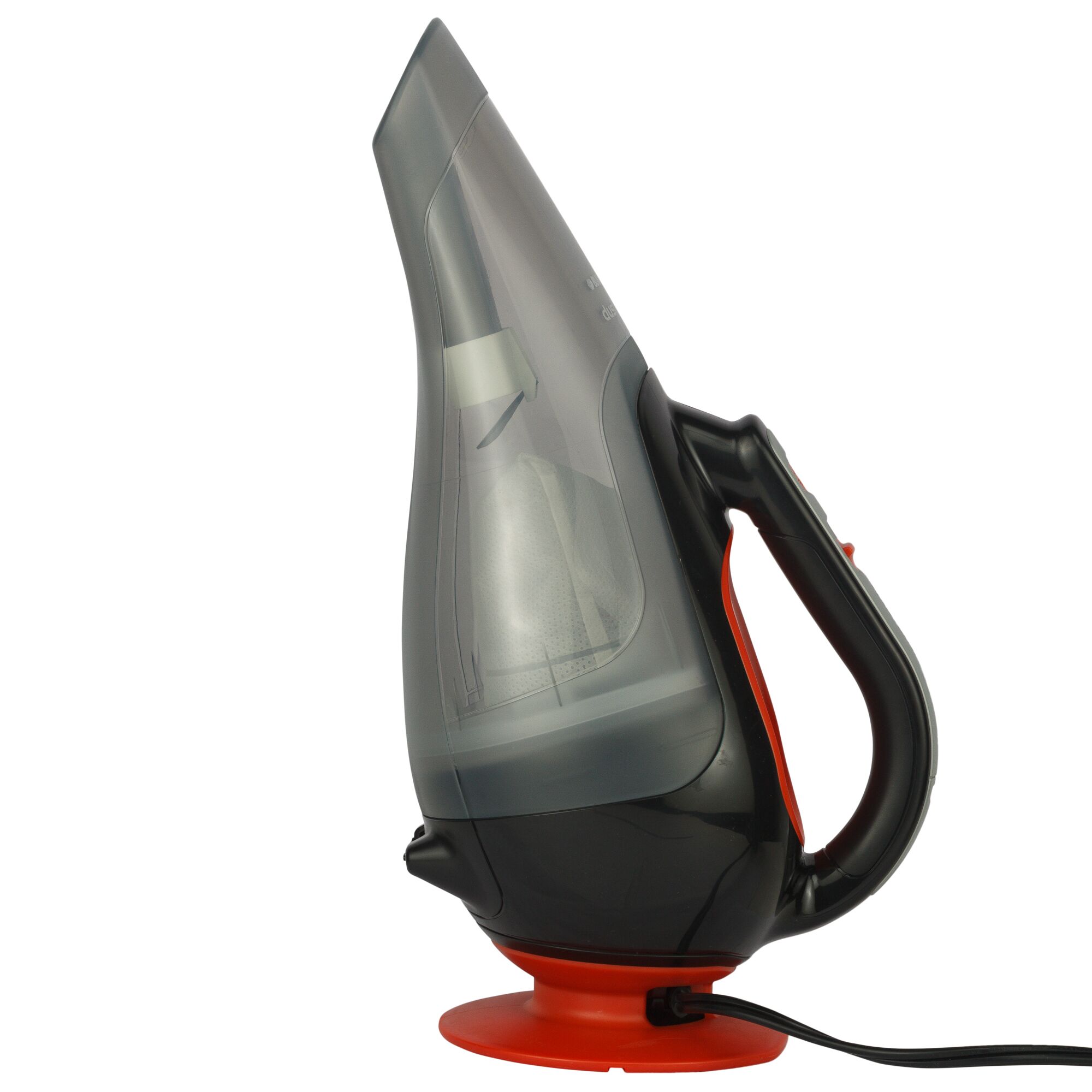BLACKDECKER ADV1210 handheld vacuum cleaner, side angle, black and red with clear dust container.