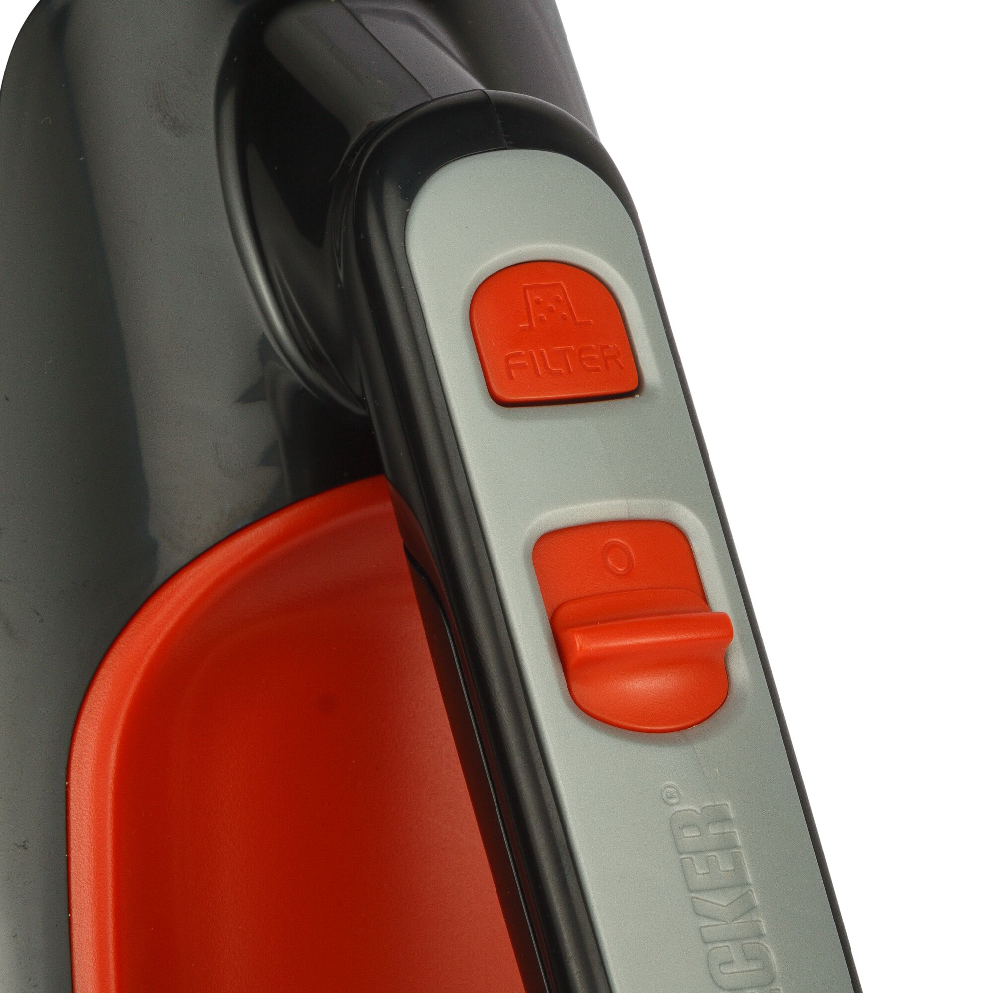 BLACKDECKER ADV1210 handheld vacuum control panel close-up with red filter and power buttons.
