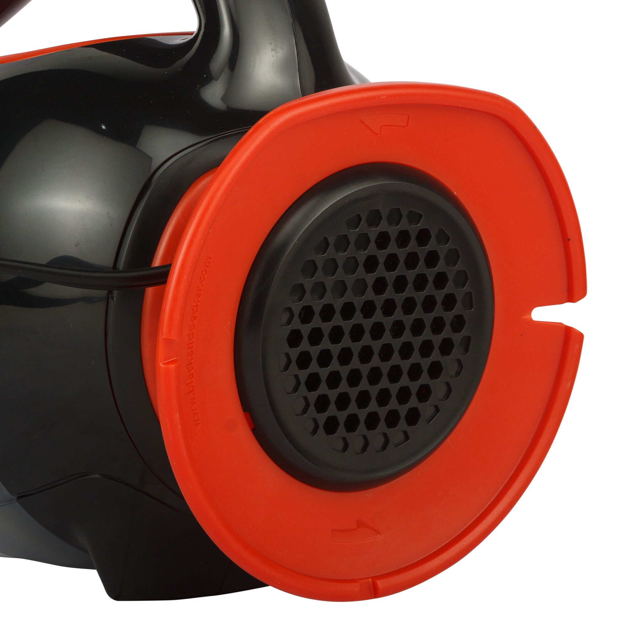 BLACKDECKER ADV1210 vacuum cleaner detail, close-up showing black and red filter cover, side angle.
