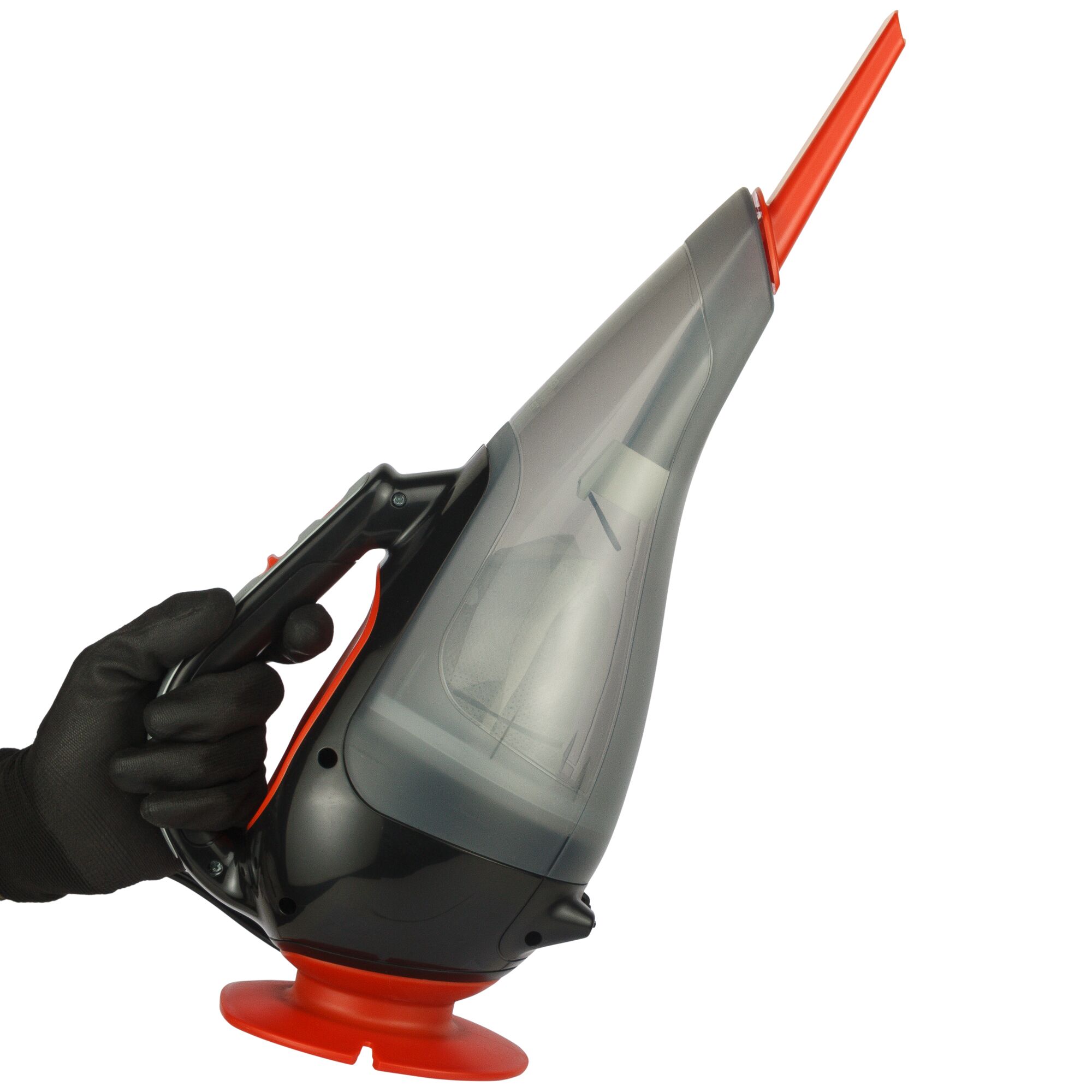 BLACKDECKER ADV1210 handheld vacuum with red nozzle, side angle on white background.