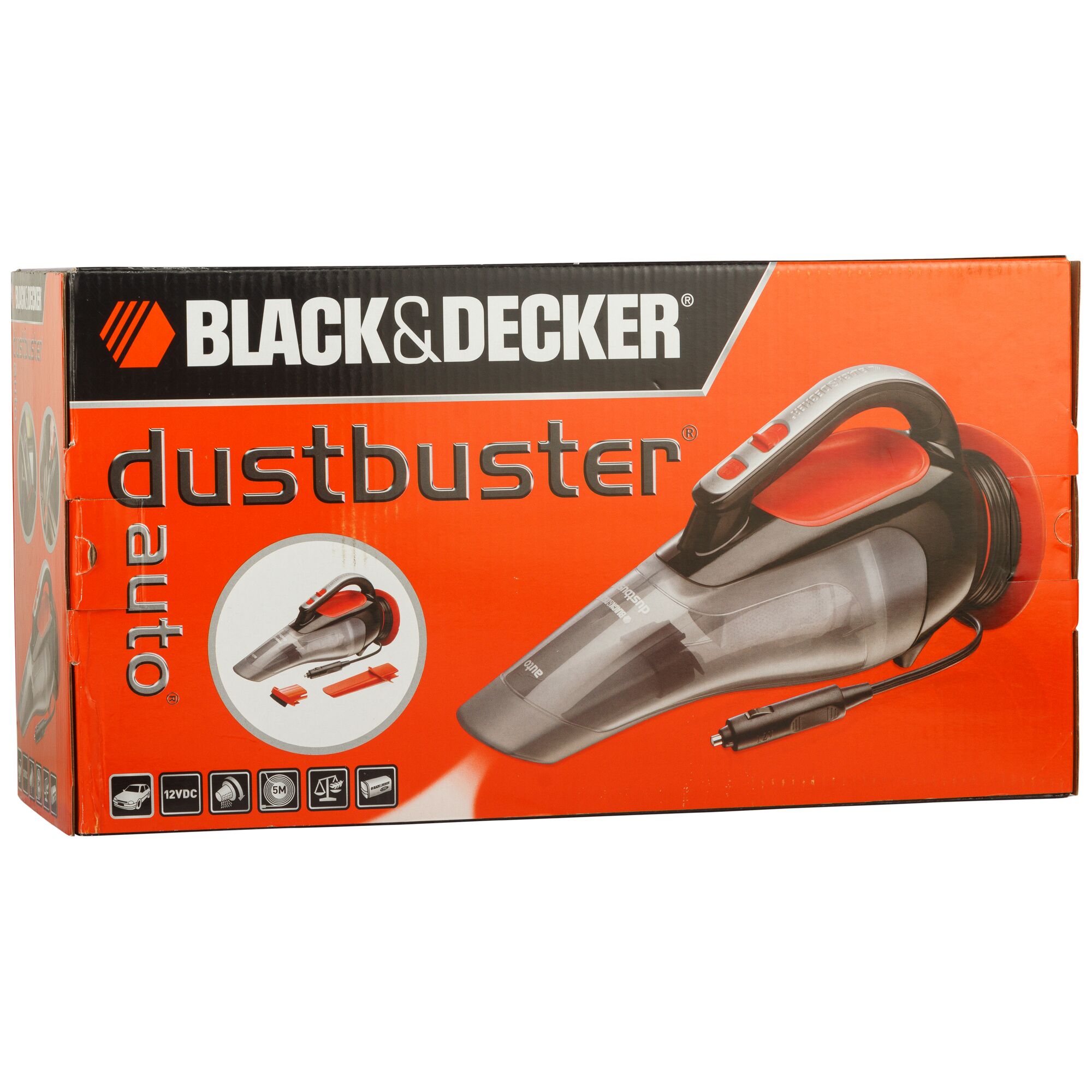 BLACKDECKER ADV1210 dustbuster auto handheld vacuum box, orange and black packaging, front angle.