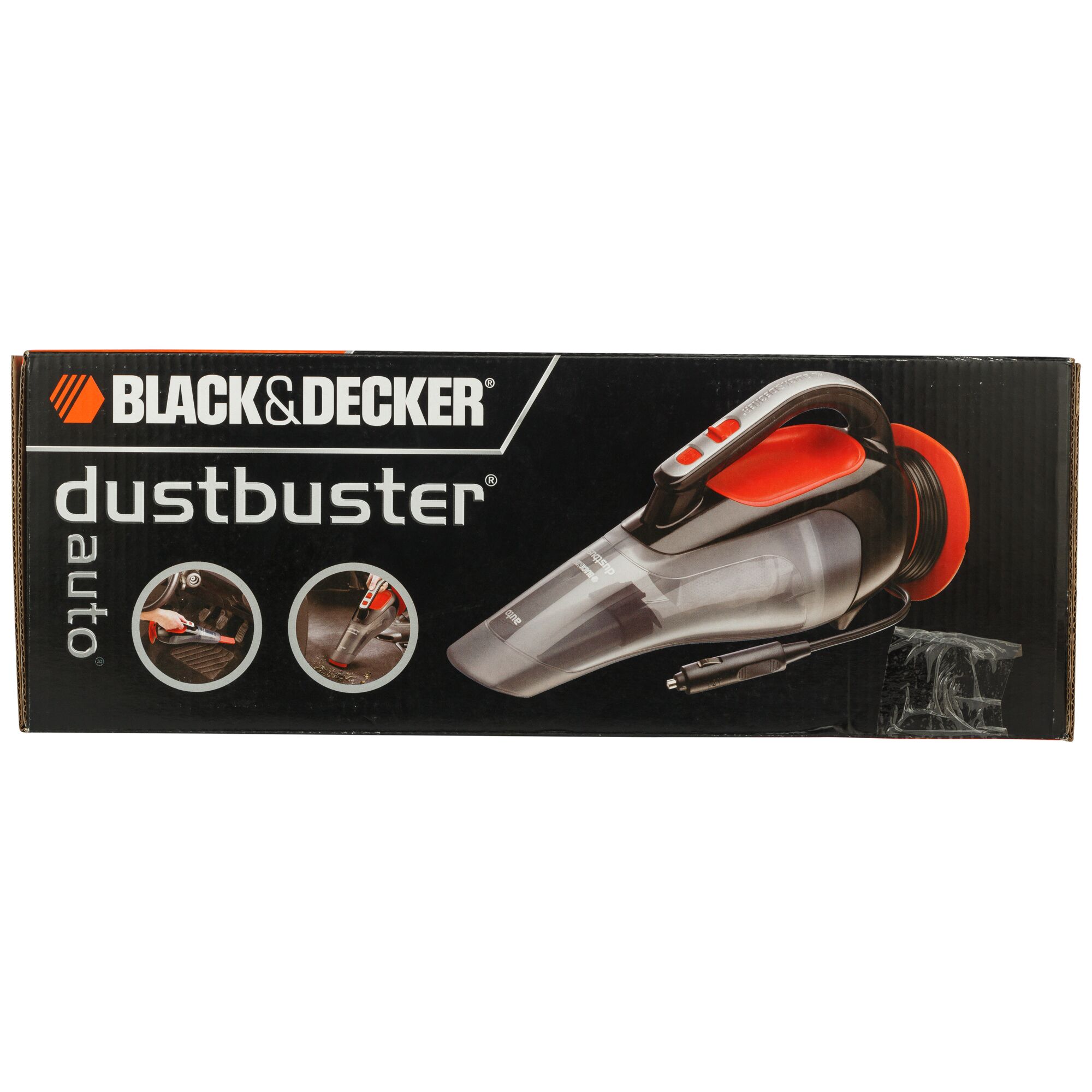 Photo of BLACKDECKER ADV1210 dustbuster auto handheld vacuum in packaging, black and orange design, front view.