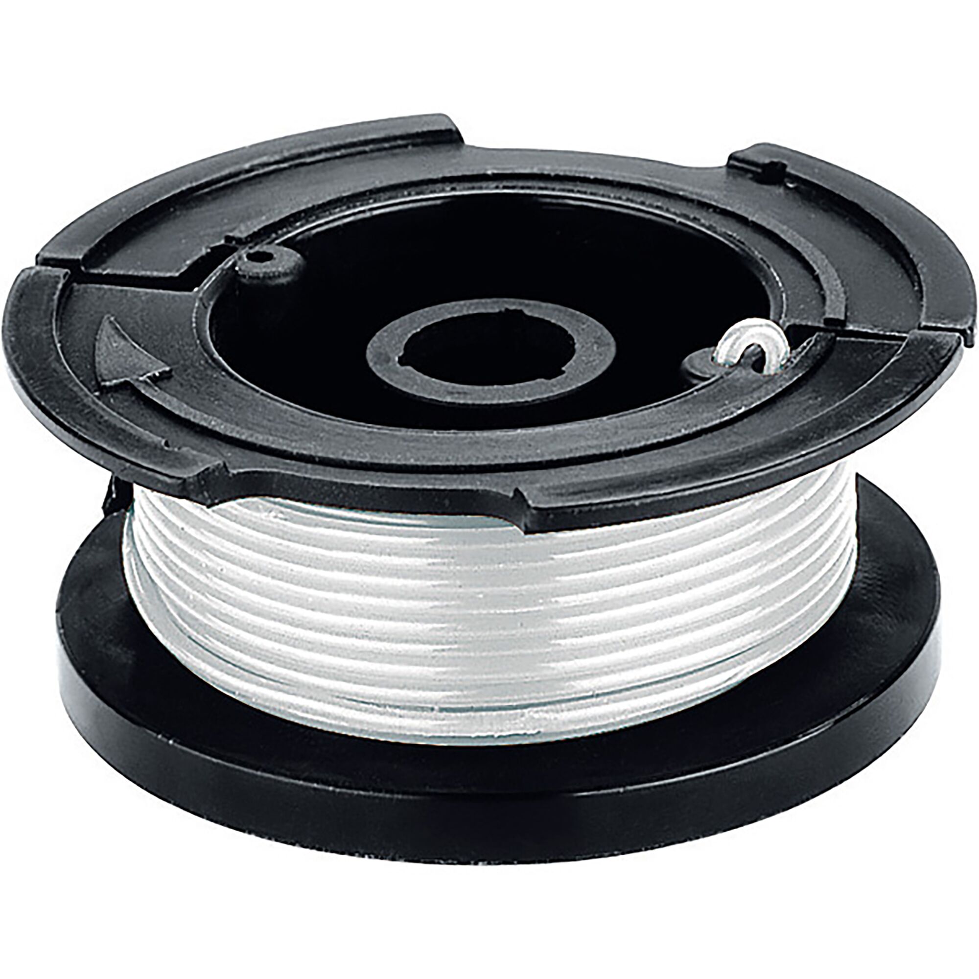 BLACKDECKER spool with white line, category photography, SKU AF100, front angle on white background.