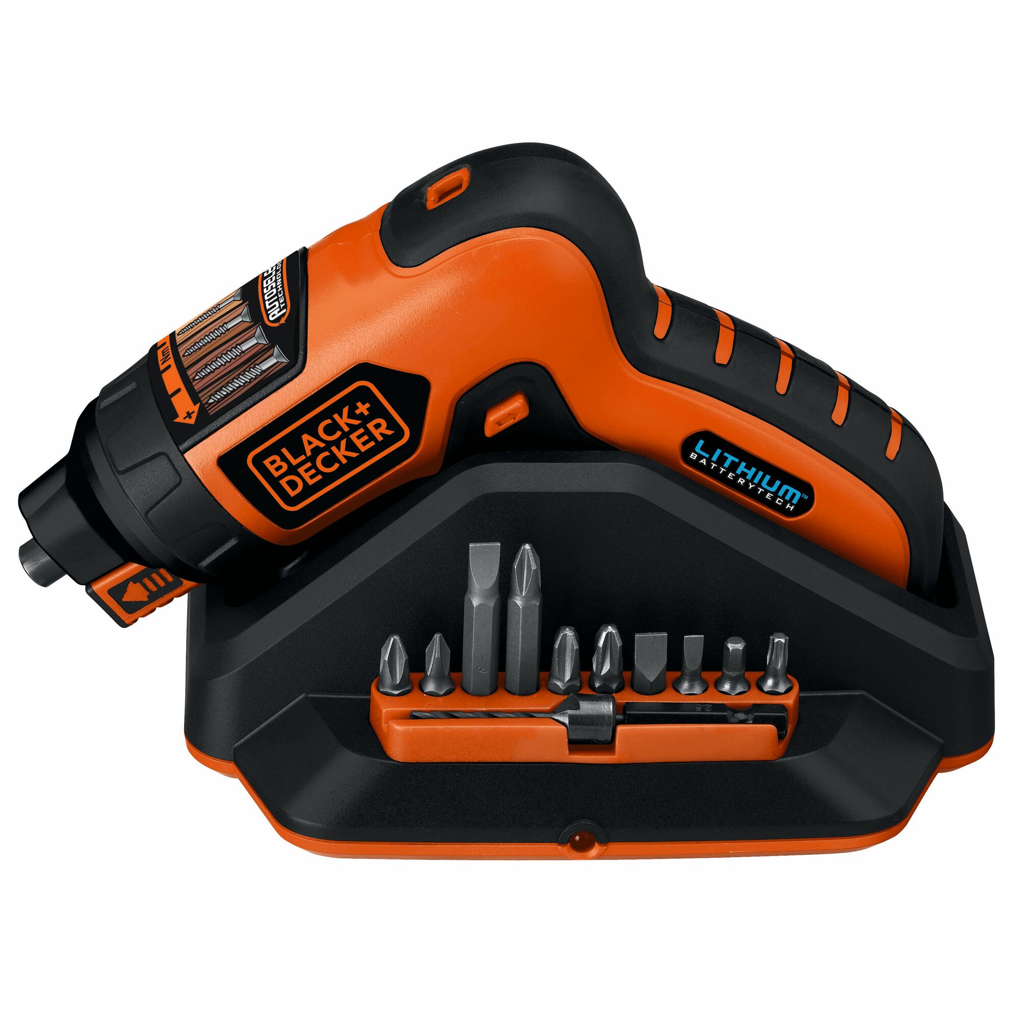 BLACKDECKER AS36LN cordless screwdriver with bit set, orange and black, side angle, on white background.