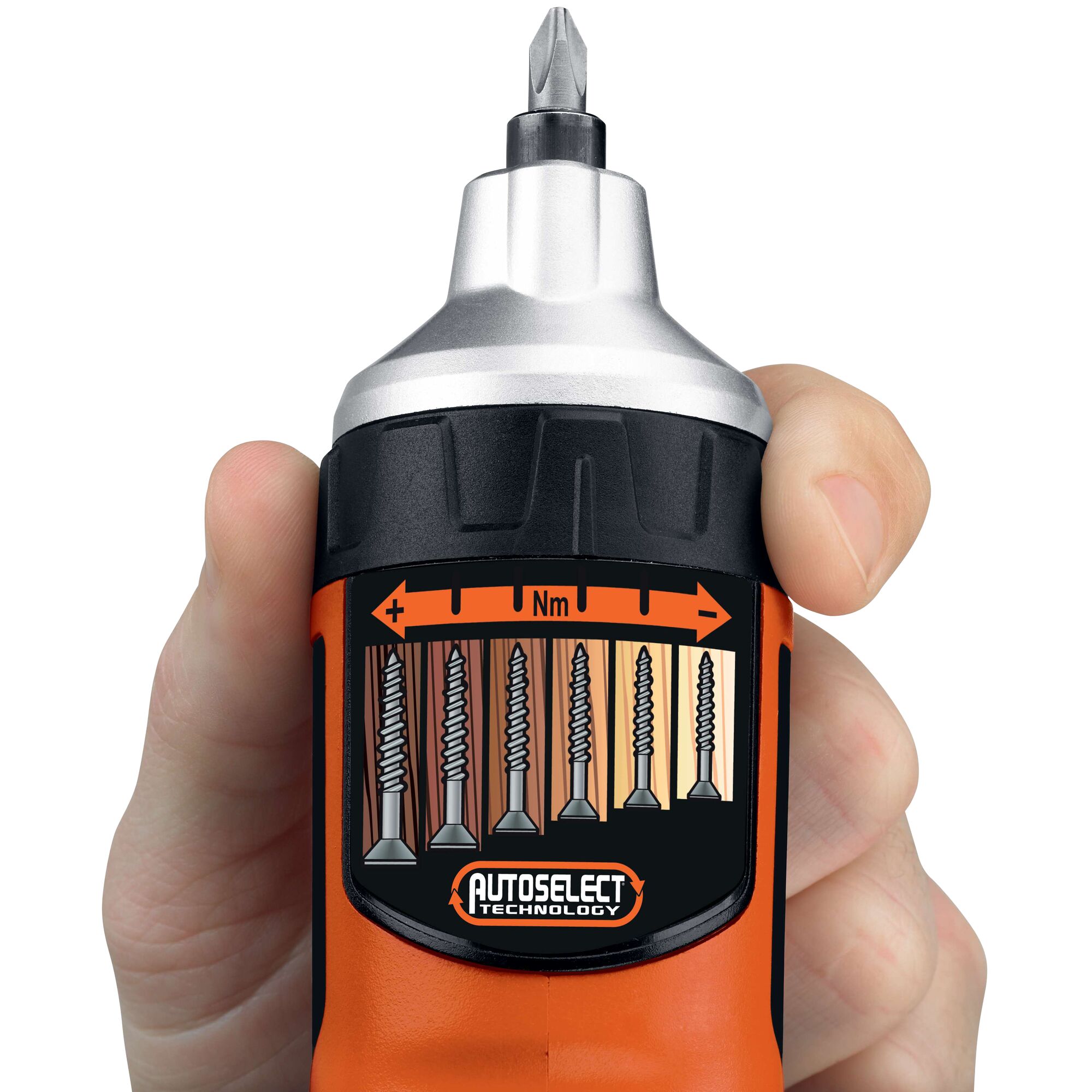 BLACKDECKER AS36LN orange cordless screwdriver with AutoSelect Technology, close-up front angle.