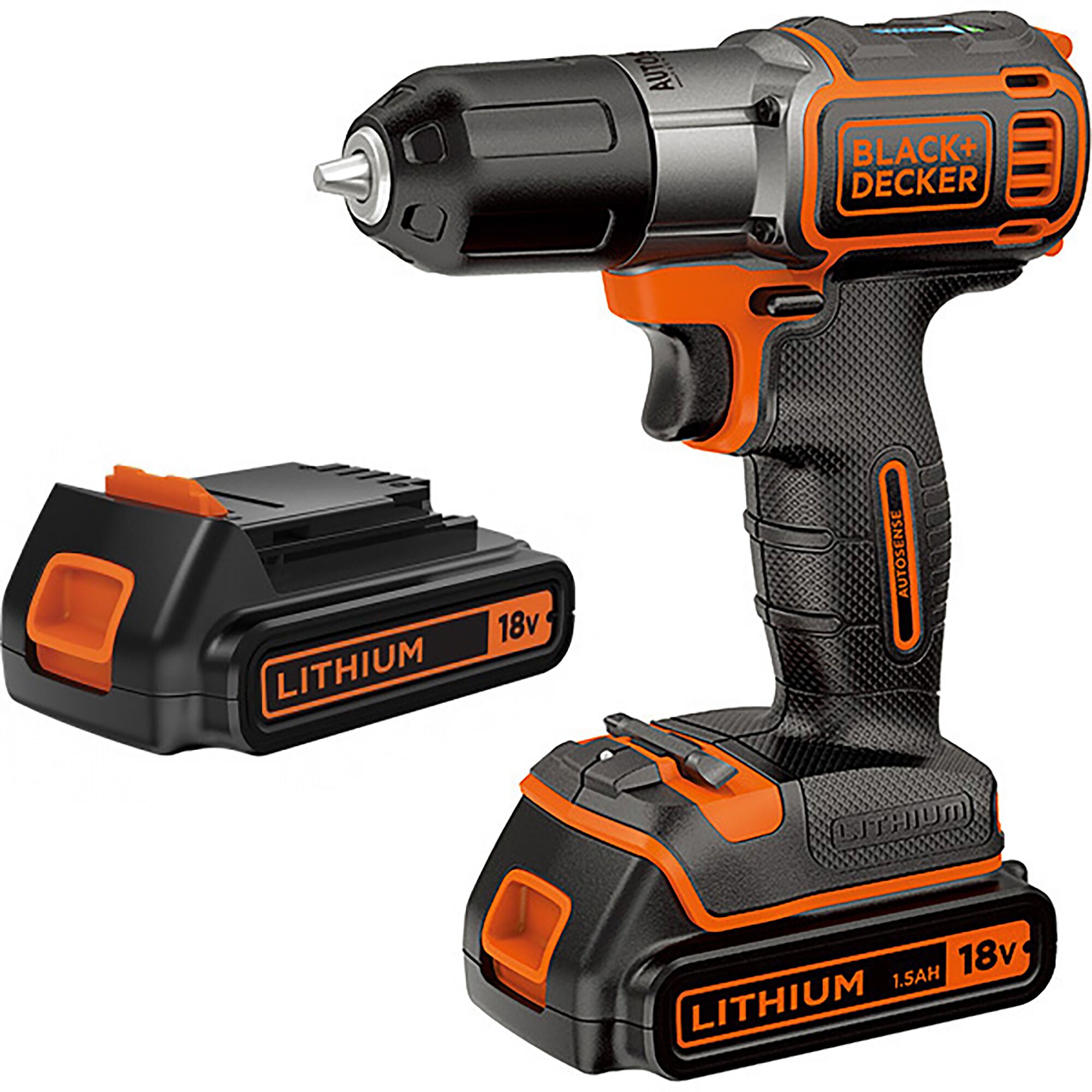 BLACK+DECKER AUTO01K2 cordless drill with black and orange design, 18V lithium battery, side view on white background.