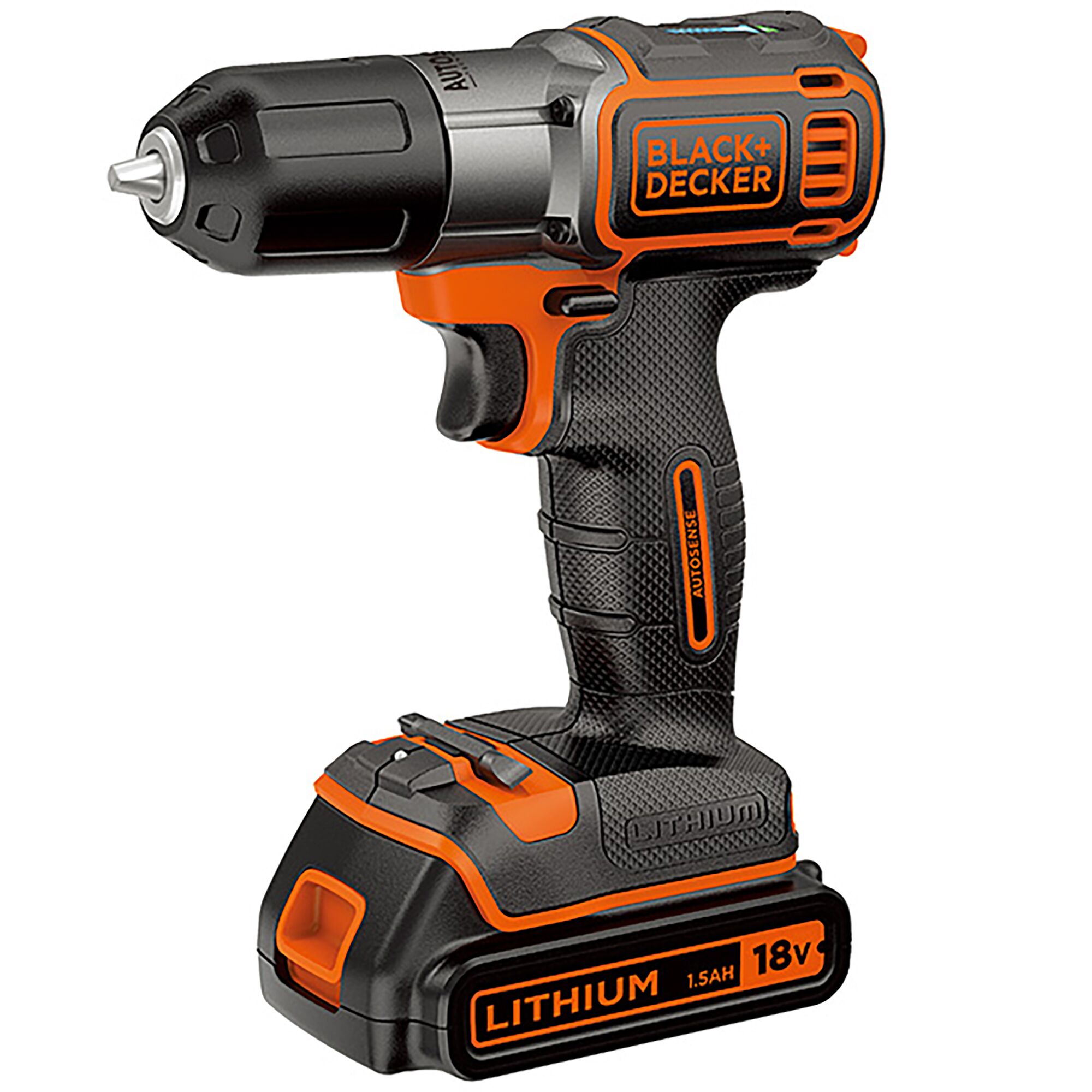 BLACKDECKER AUTO01 cordless drill front angle, orange and black, 18V lithium battery, photography.