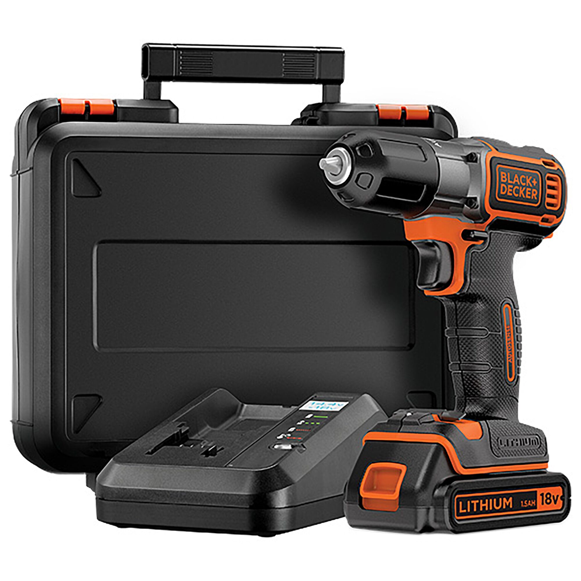 BLACKDECKER AUTO01 18V lithium cordless drill with charger and hard carrying case, front angle.