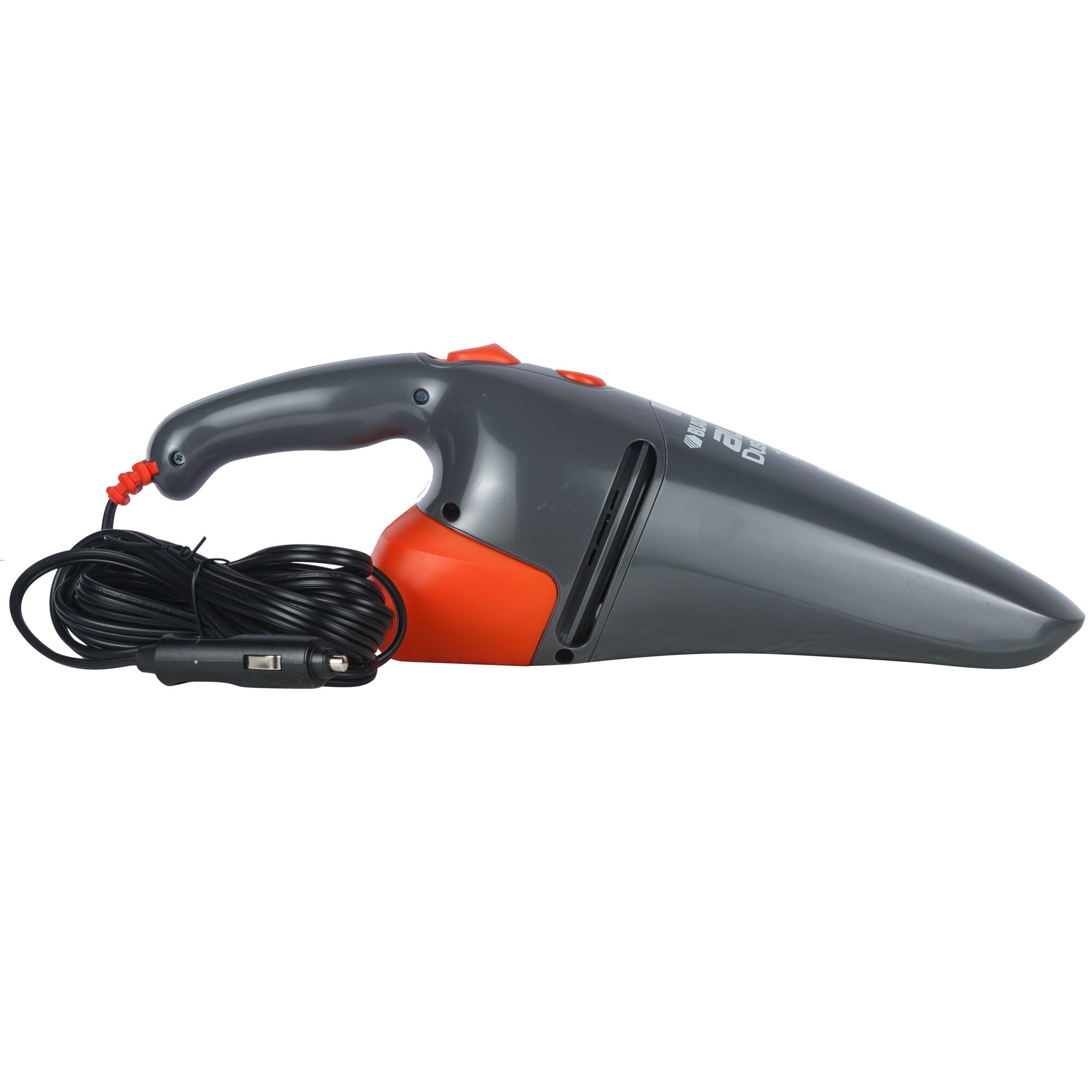 BLACKDECKER AV1205 handheld car vacuum, grey and orange, side view, long cord with car adapter.